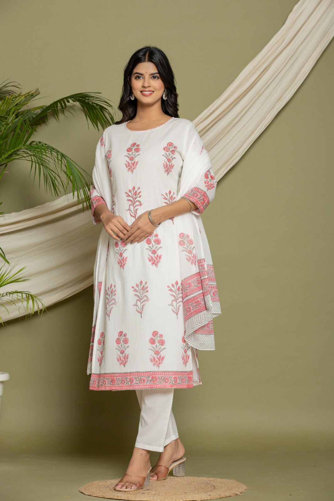 Elegant White Floral Cotton Anarkali Suit with Dupatta
