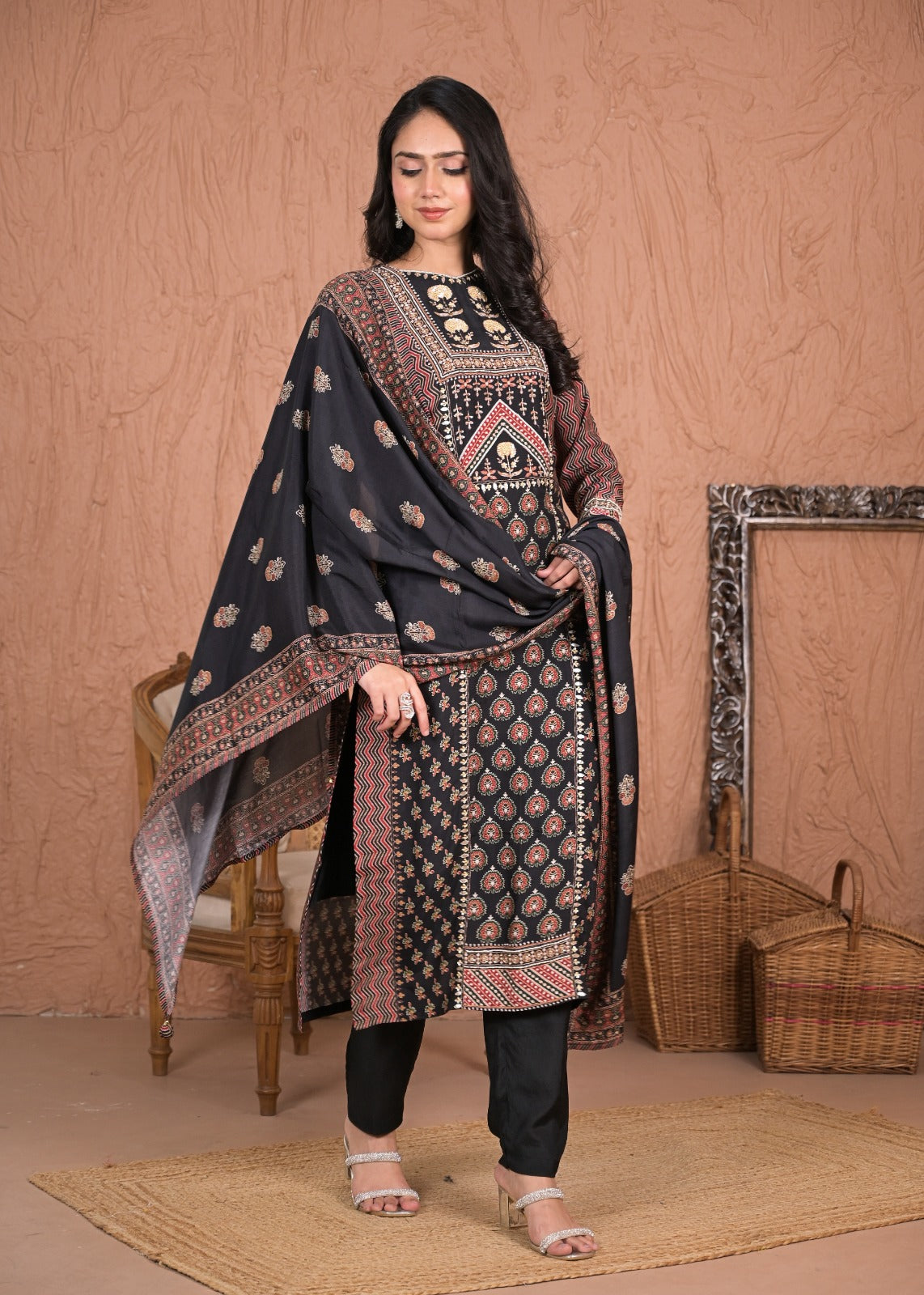 Chic Black Muslin Partywear Pant Set with Dupatta