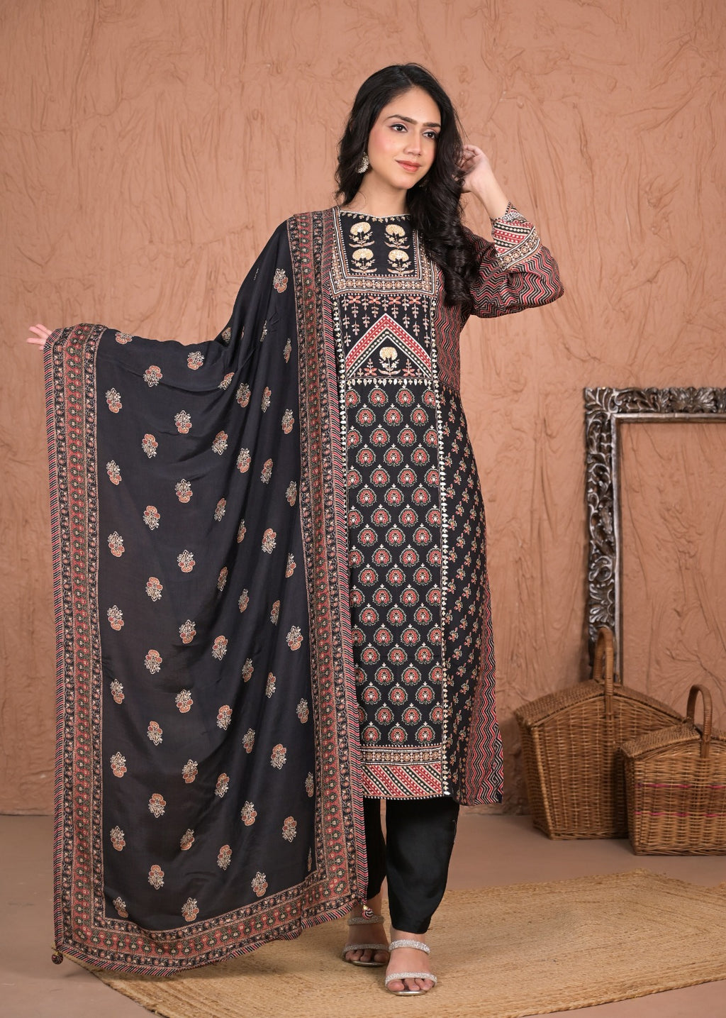 Chic Black Muslin Partywear Pant Set with Dupatta