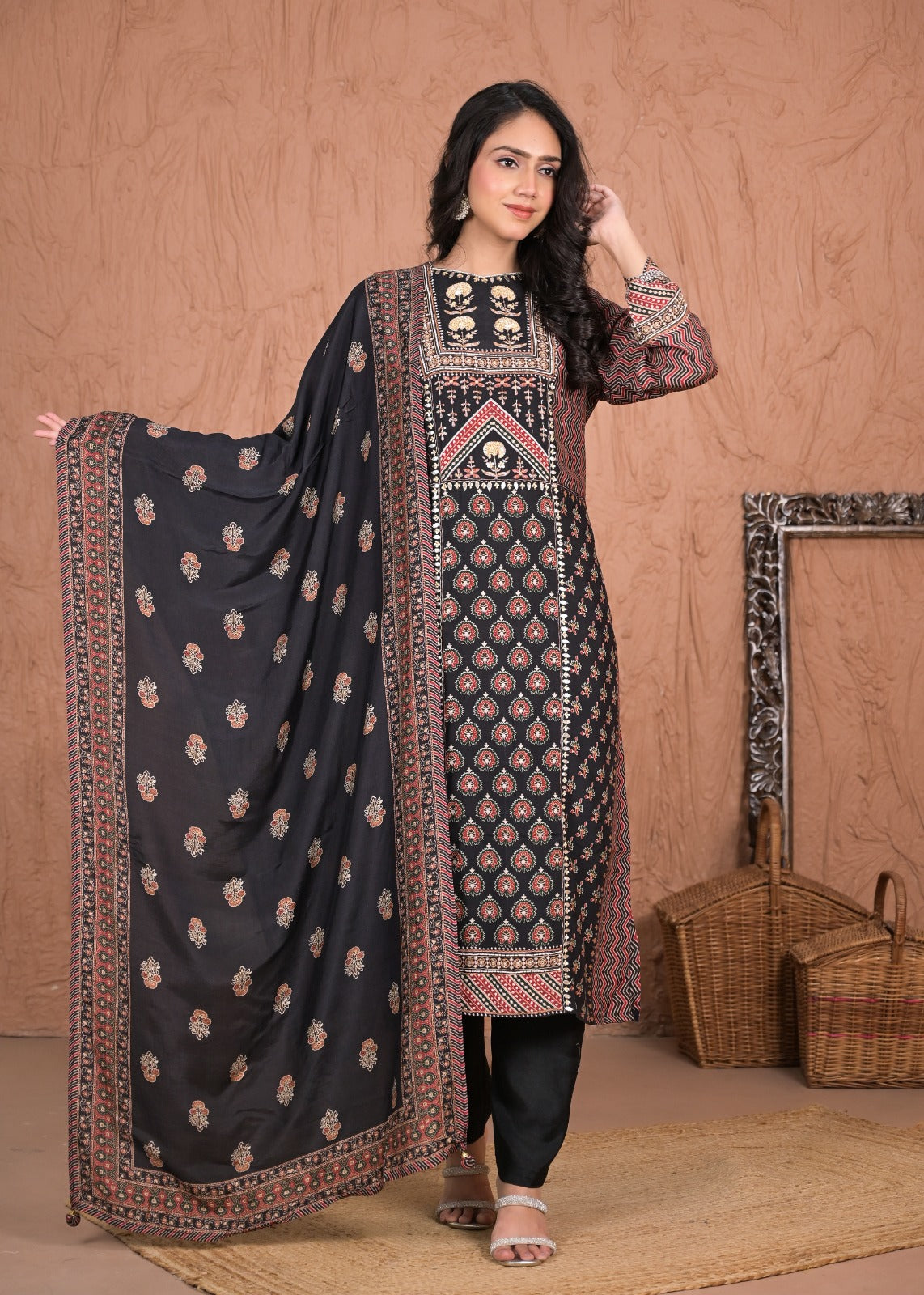 Chic Black Muslin Partywear Pant Set with Dupatta
