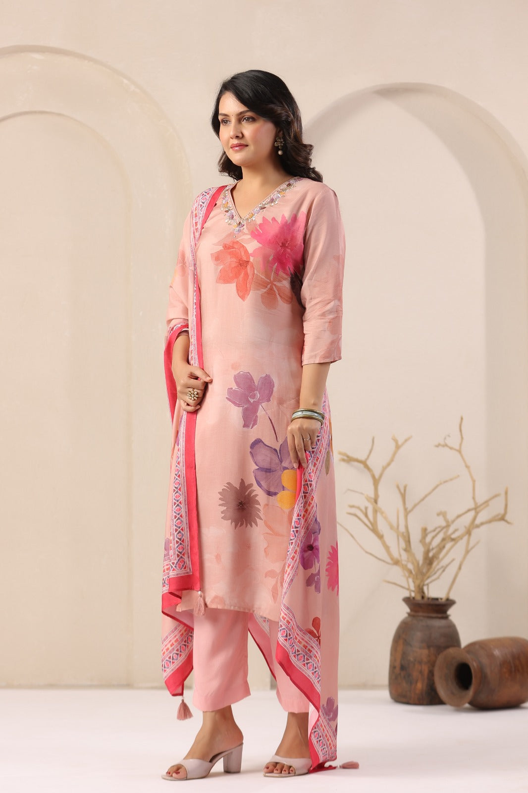 Elegant Peach Muslin 3-Piece Pant Set with Dupatta