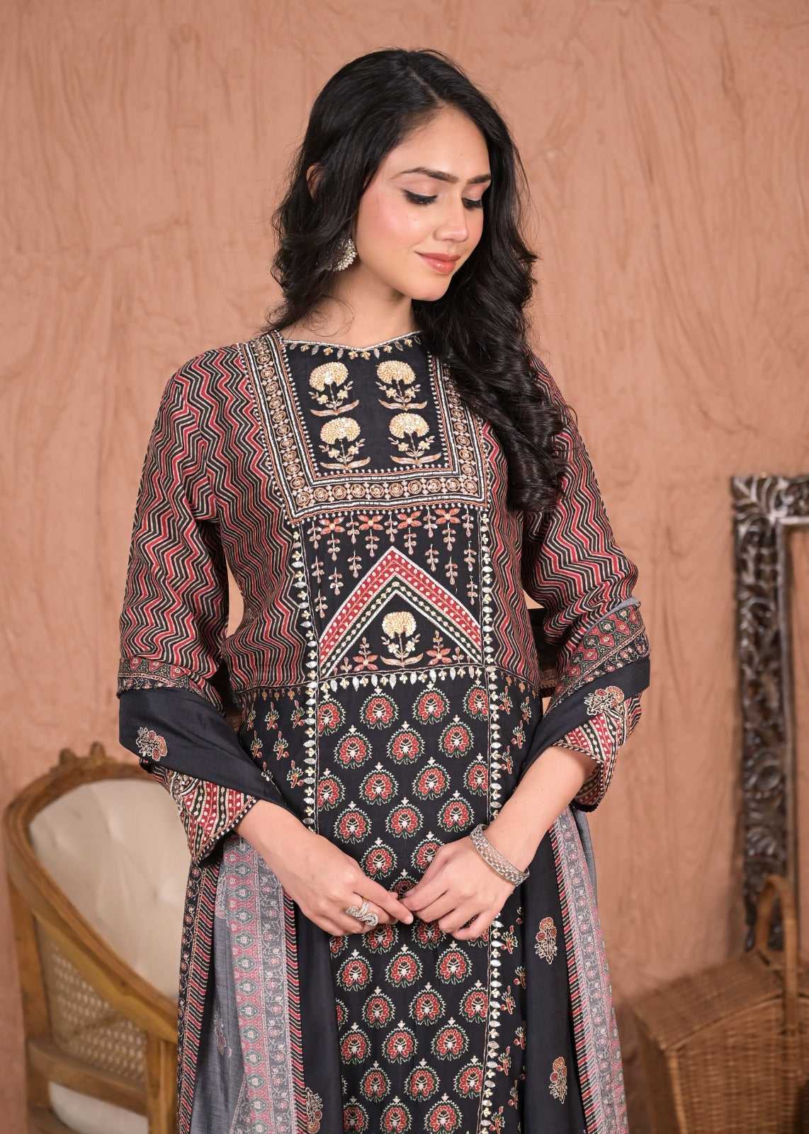 Chic Black Muslin Partywear Pant Set with Dupatta