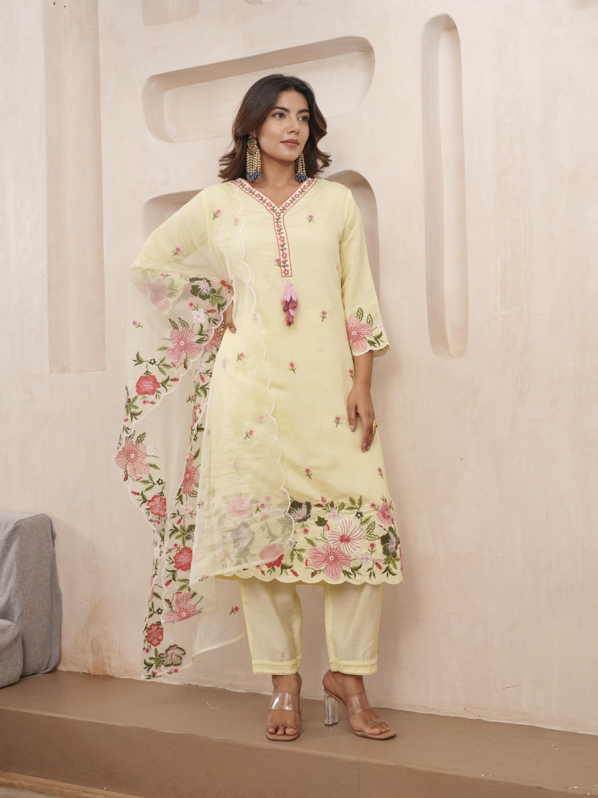 Elegant Yellow Floral Silk Party Wear Suit with Dupatta