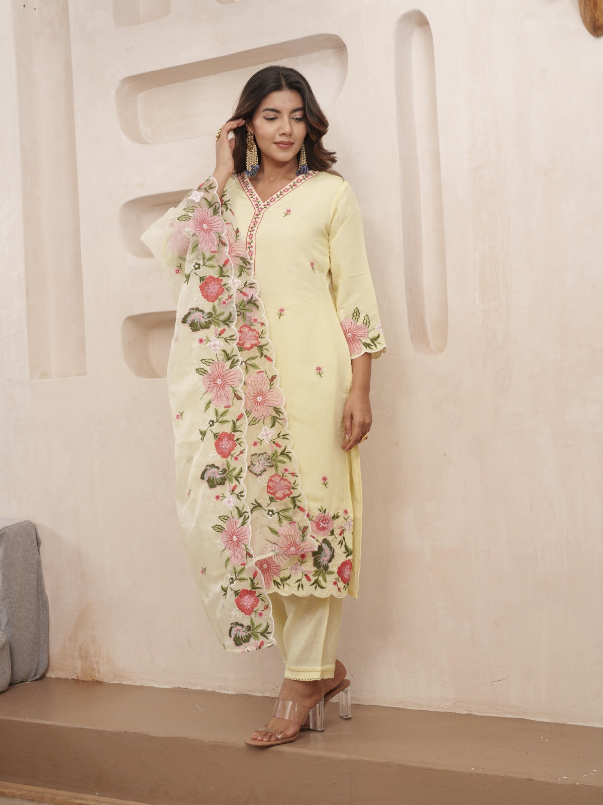 Elegant Yellow Floral Silk Party Wear Suit with Dupatta
