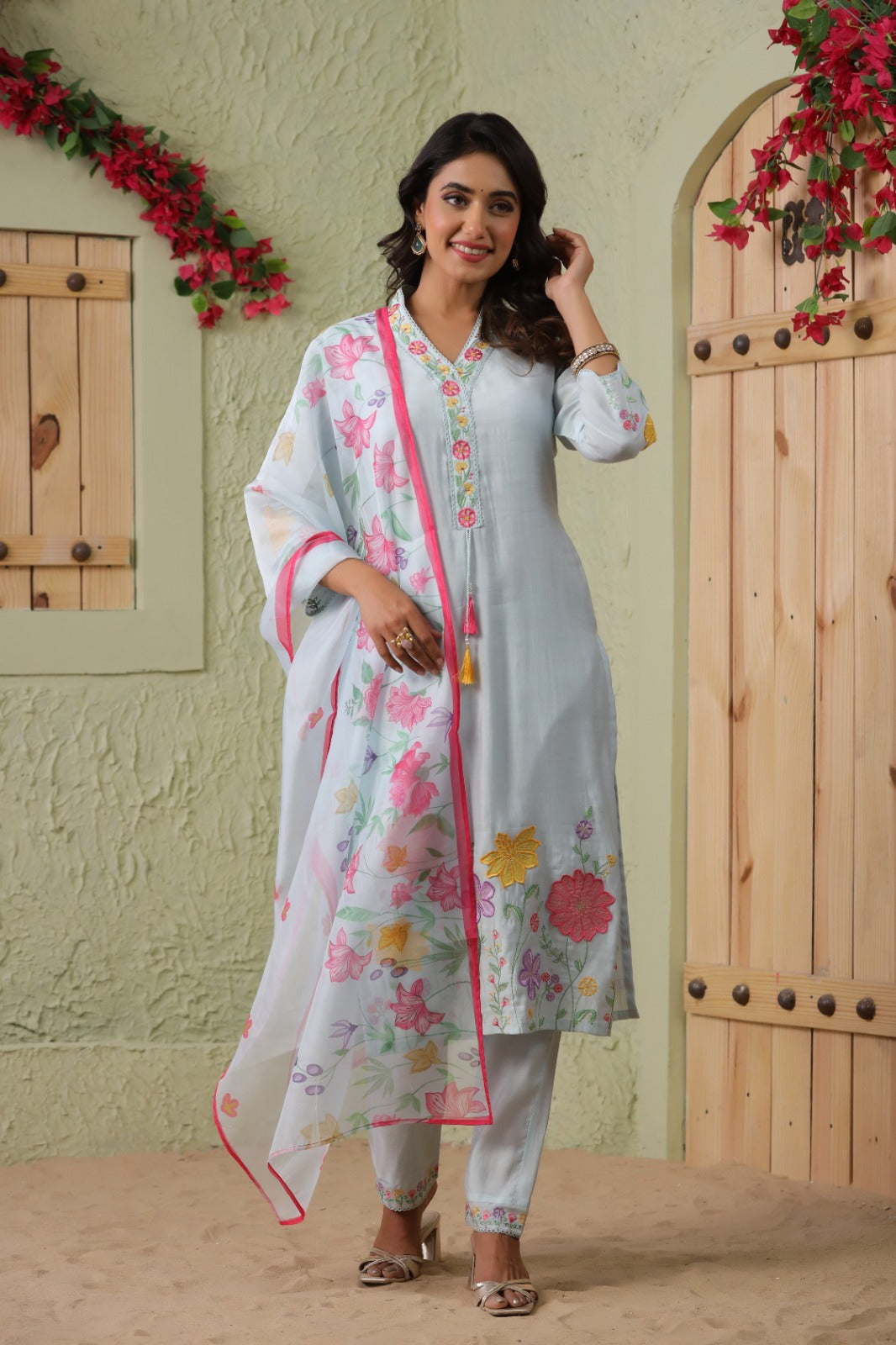 Stylish Blue 3-Piece Pant Set with Dupatta