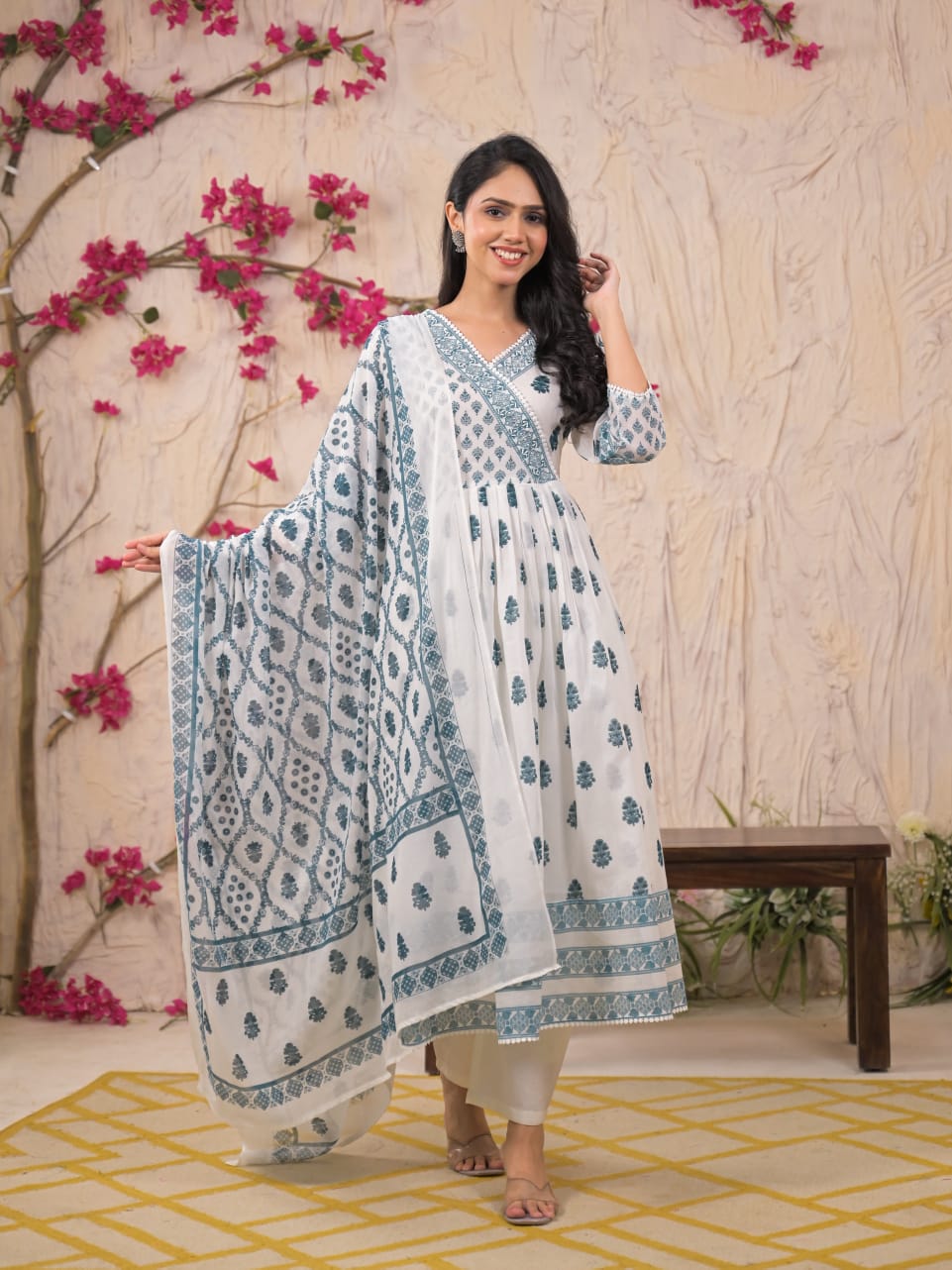 Soft Blue Mulmul Cotton 3-Piece Anarkali Suit Set