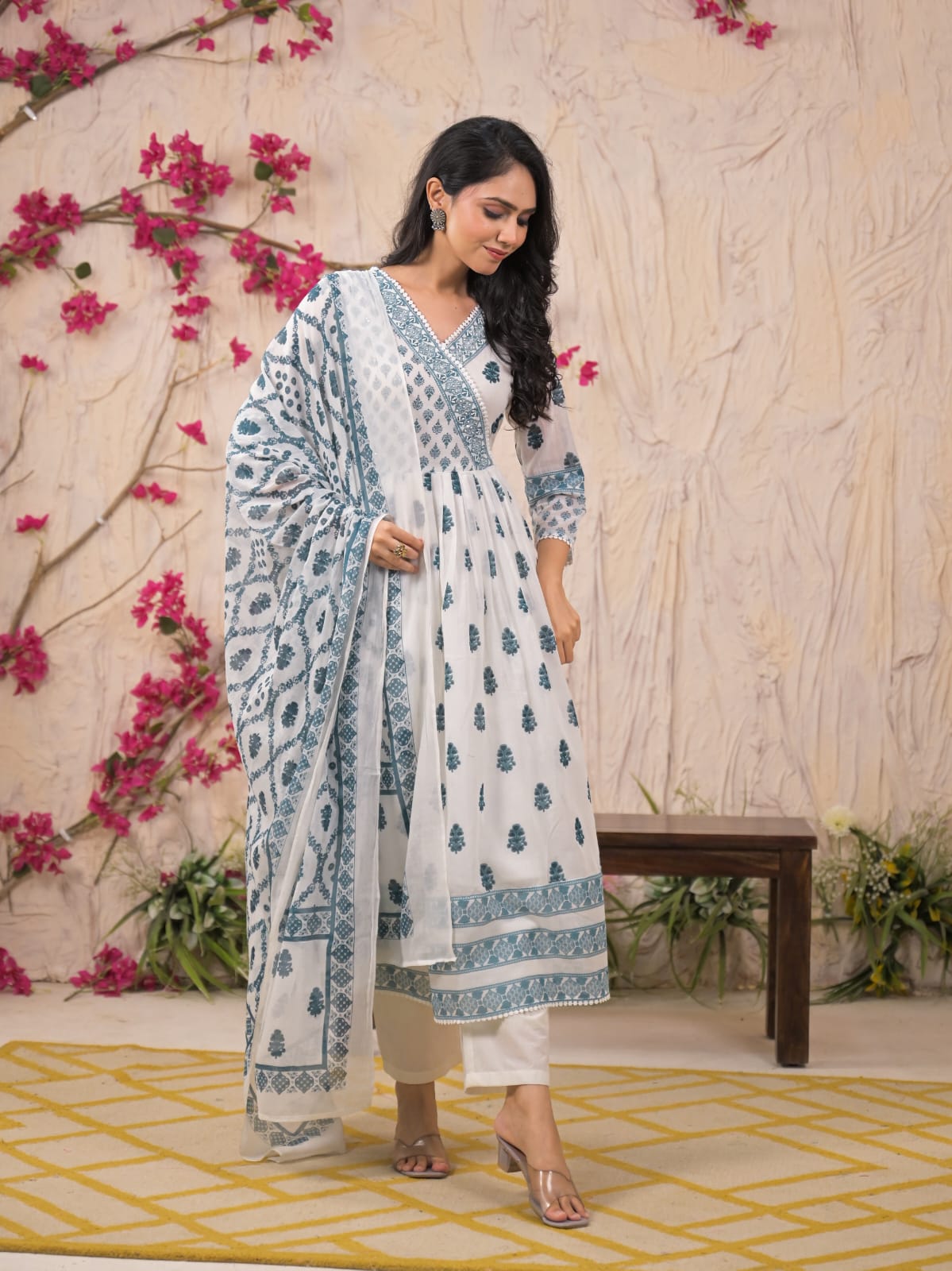 Soft Blue Mulmul Cotton 3-Piece Anarkali Suit Set