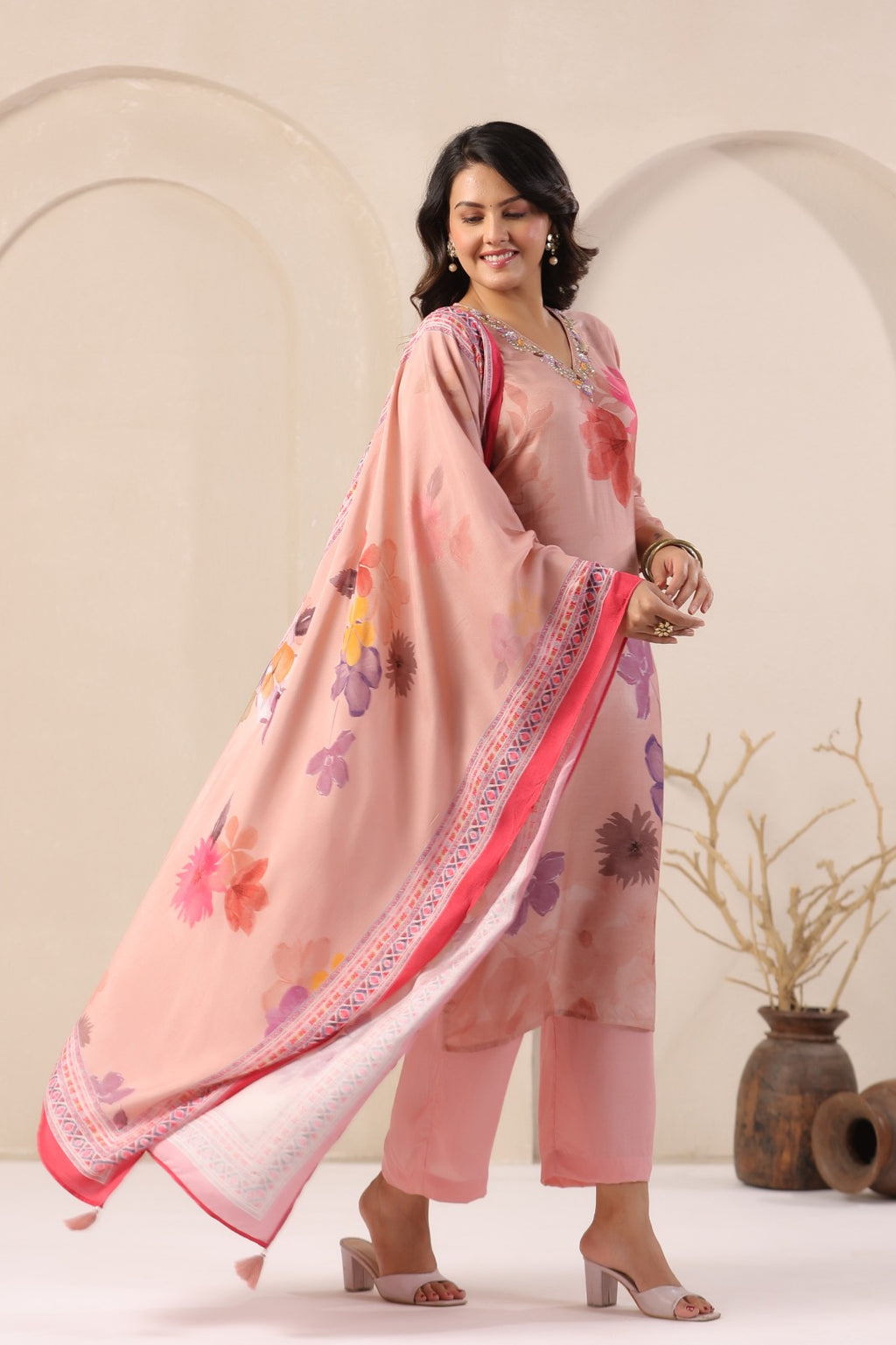 Elegant Peach Muslin 3-Piece Pant Set with Dupatta