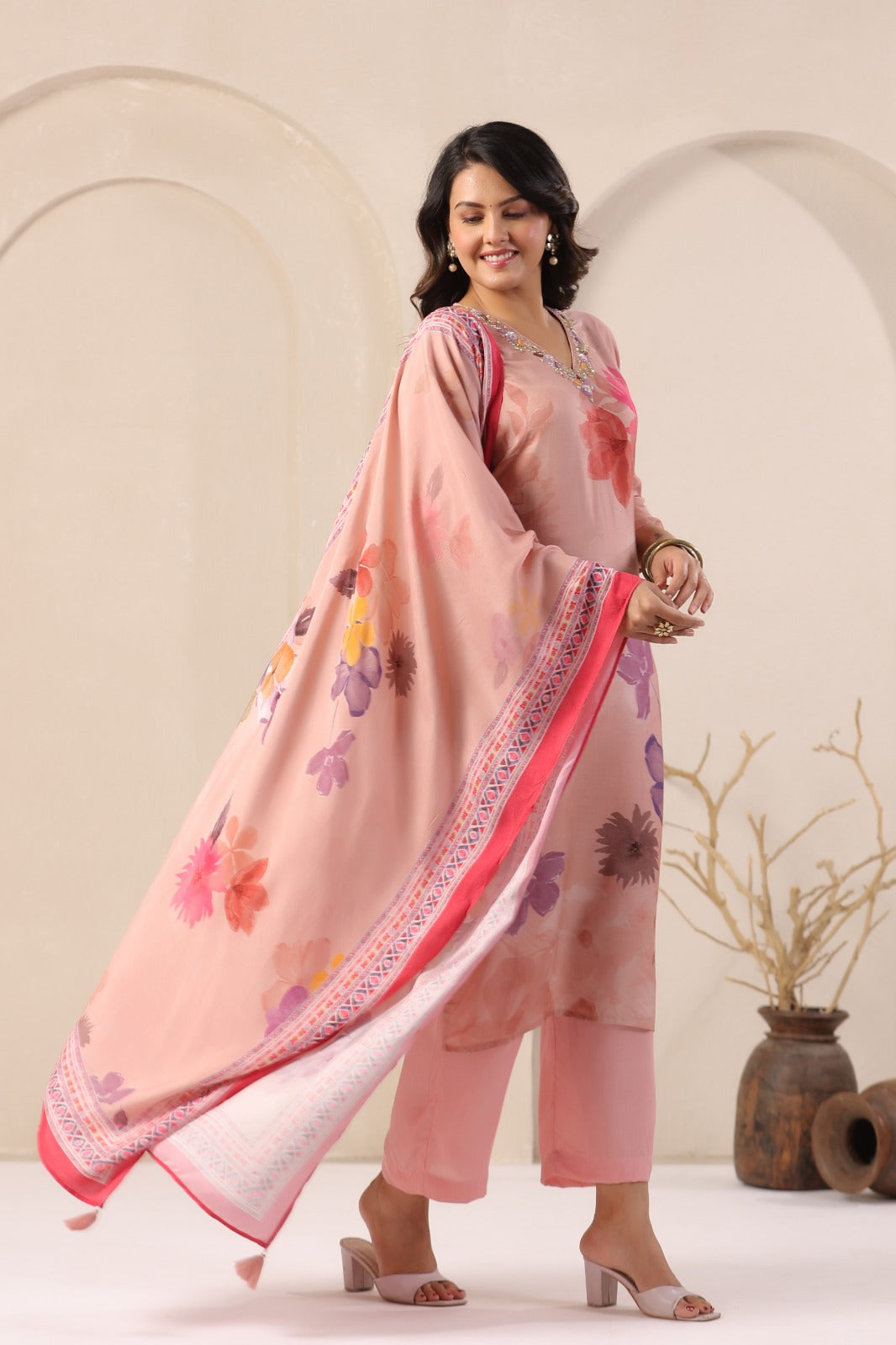 Elegant Peach Muslin 3-Piece Pant Set with Dupatta