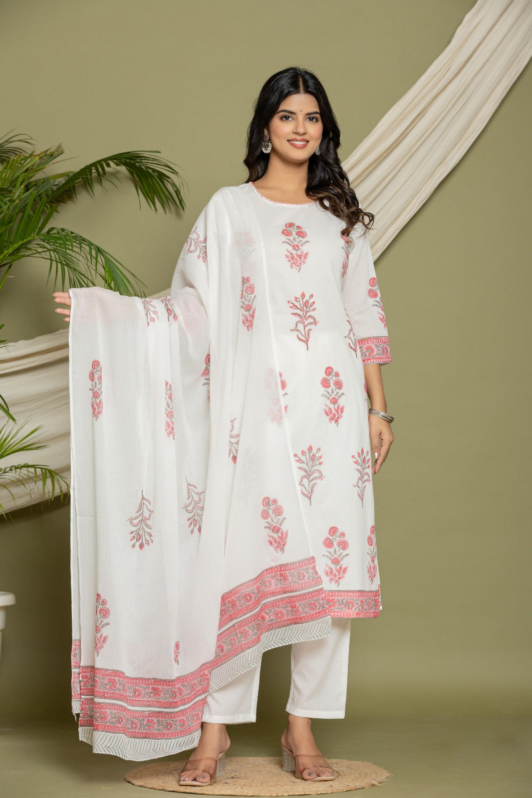 Elegant White Floral Cotton Anarkali Suit with Dupatta