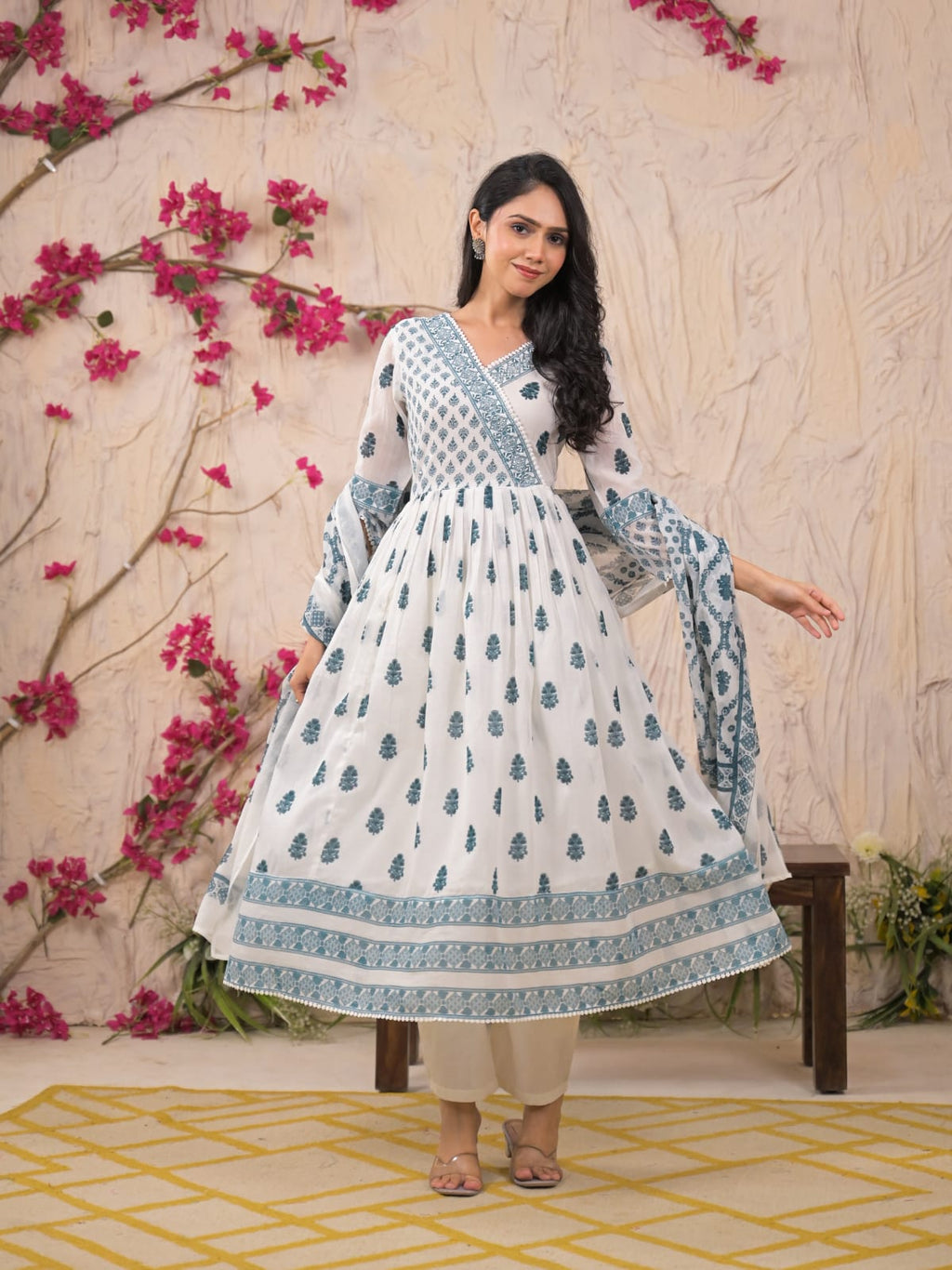 Soft Blue Mulmul Cotton 3-Piece Anarkali Suit Set