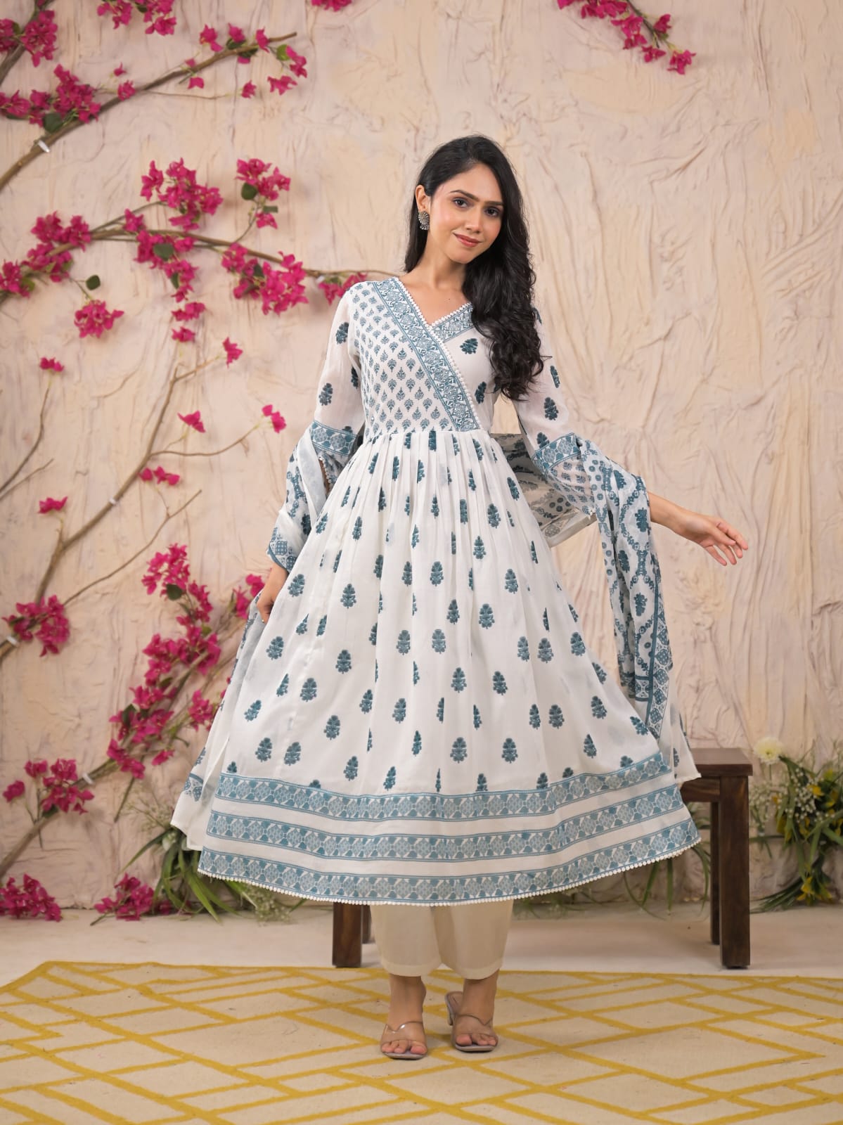Soft Blue Mulmul Cotton 3-Piece Anarkali Suit Set