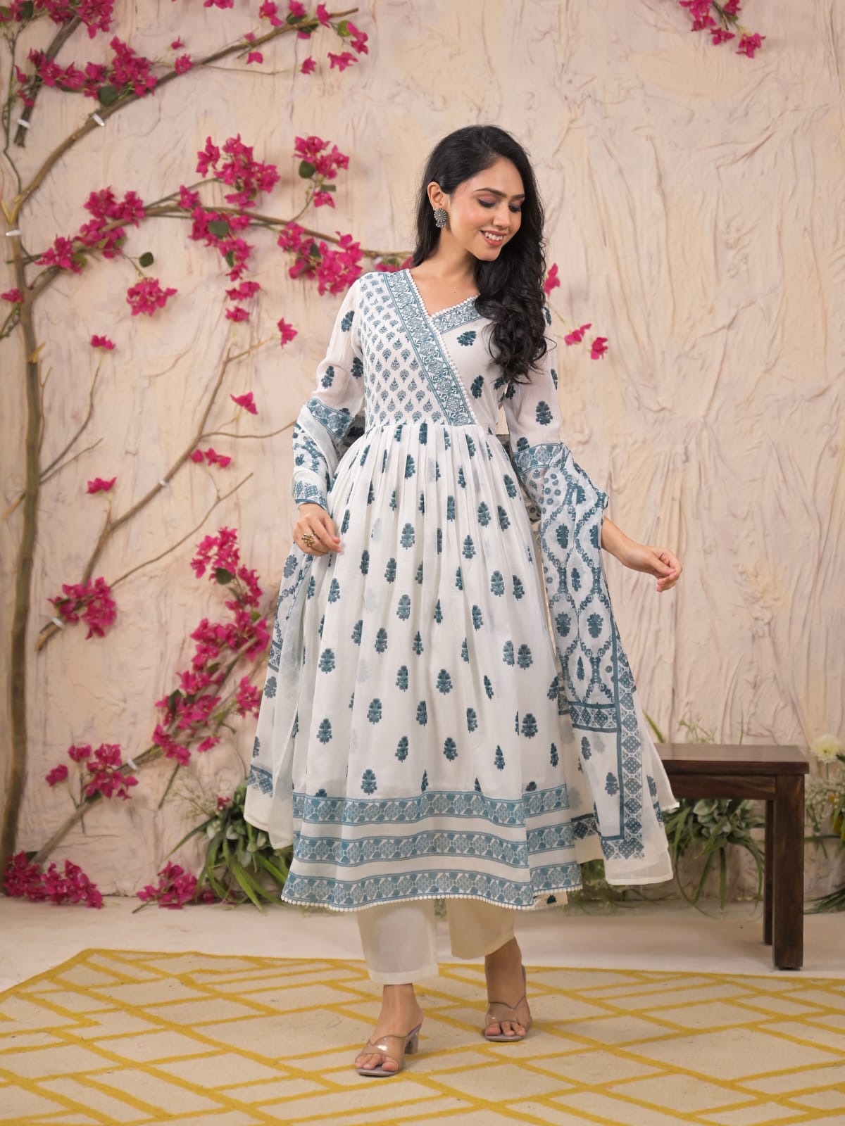 Soft Blue Mulmul Cotton 3-Piece Anarkali Suit Set