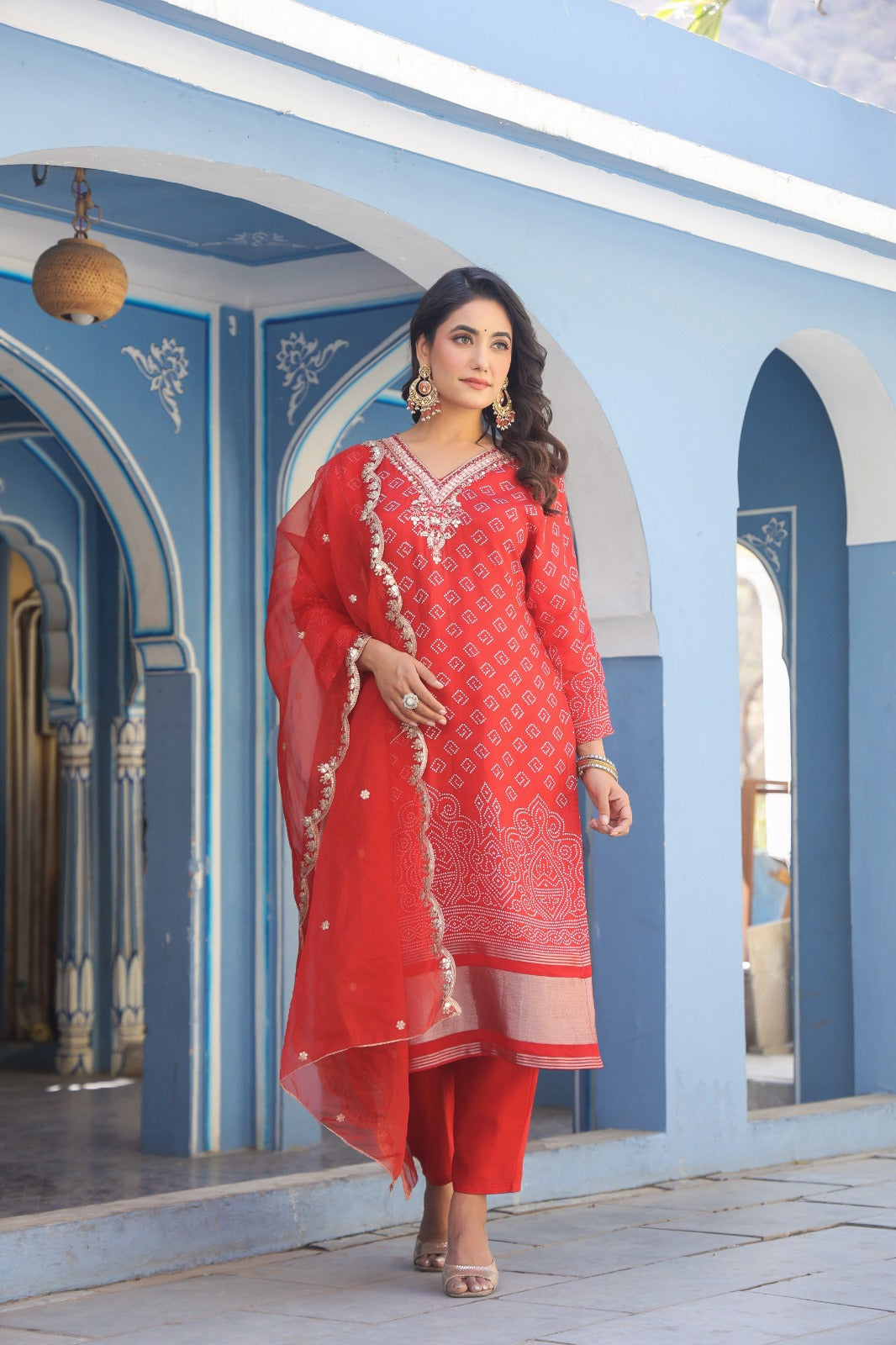 Stunning Red Partywear Silk 3-Piece Suit with Dupatta