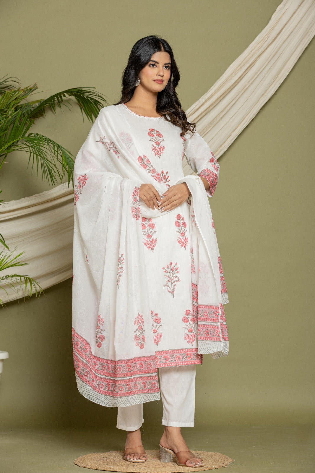 Elegant White Floral Cotton Anarkali Suit with Dupatta