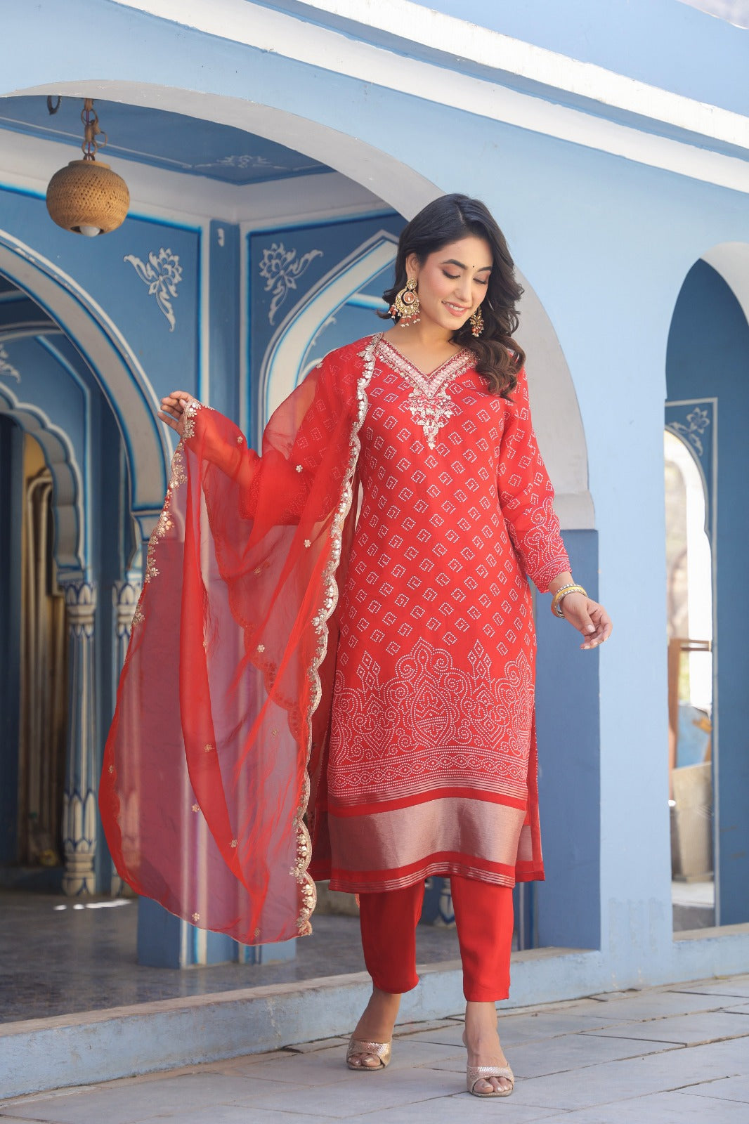Stunning Red Partywear Silk 3-Piece Suit with Dupatta