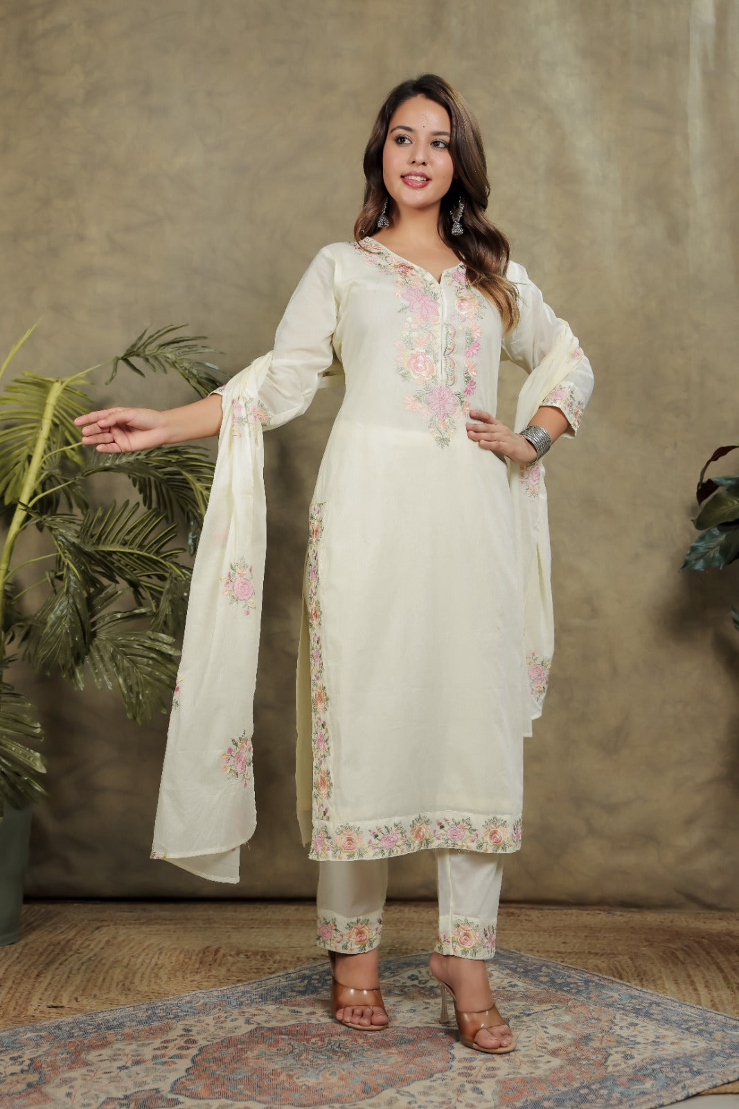Fresh White Cotton 3-Piece Pant Set with Dupatta
