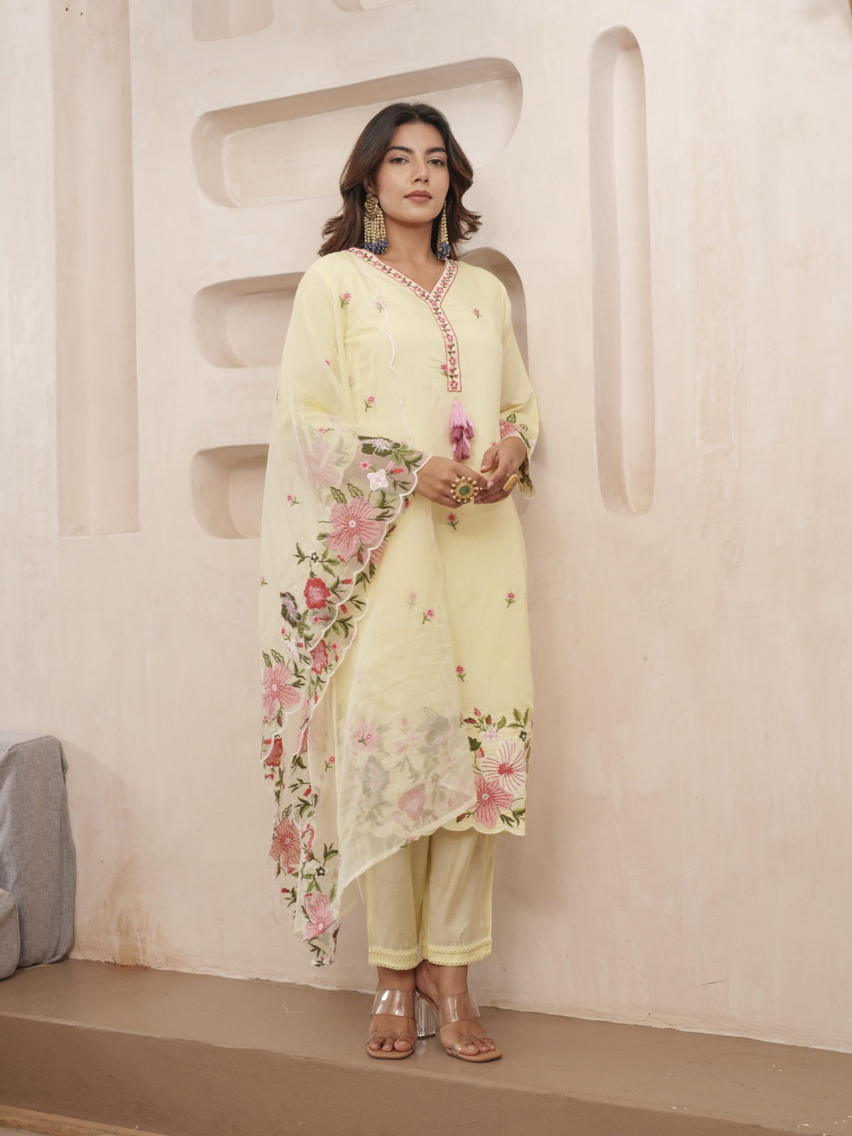 Elegant Yellow Floral Silk Party Wear Suit with Dupatta