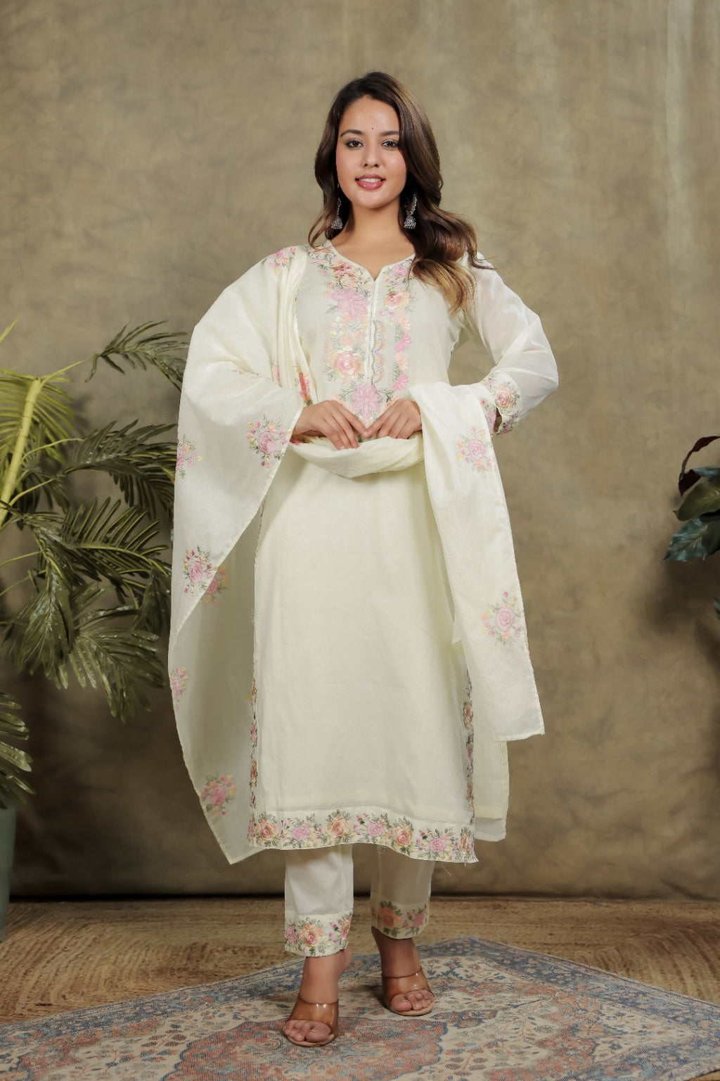 Fresh White Cotton 3-Piece Pant Set with Dupatta