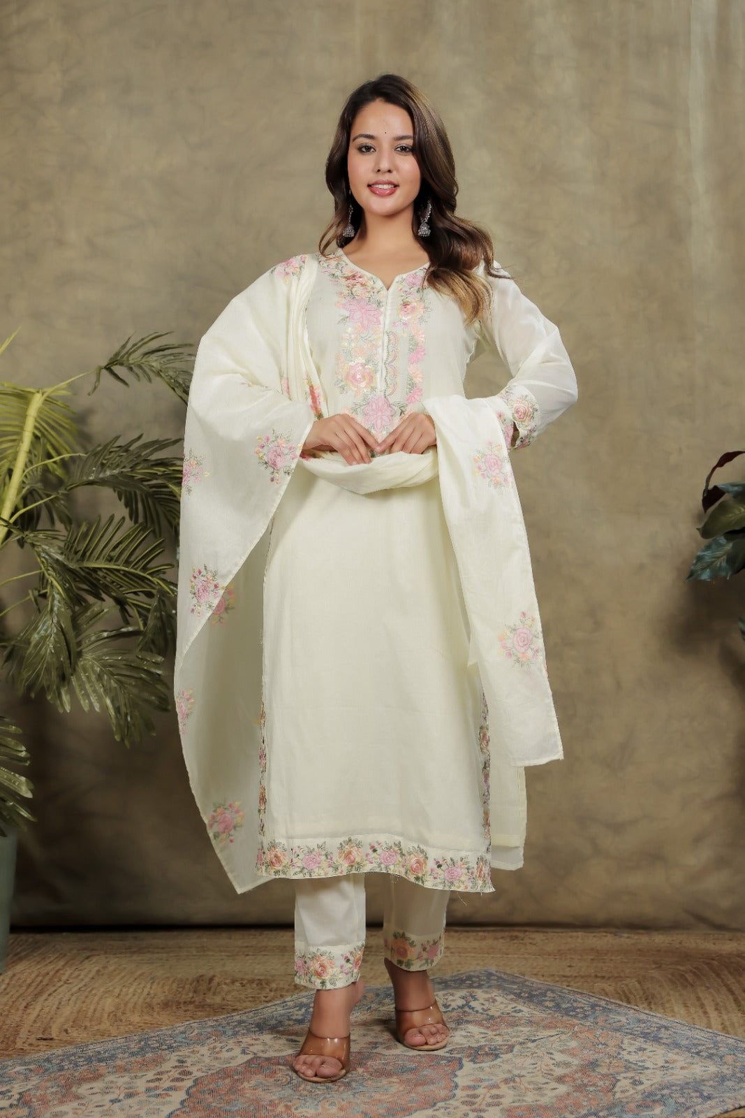 Fresh White Cotton 3-Piece Pant Set with Dupatta