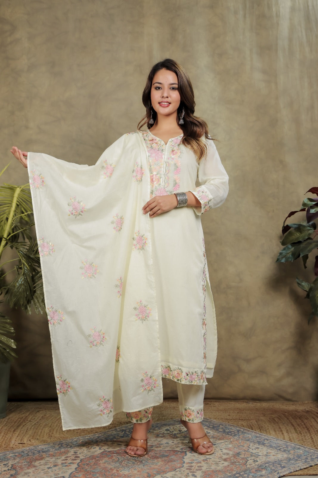 Fresh White Cotton 3-Piece Pant Set with Dupatta