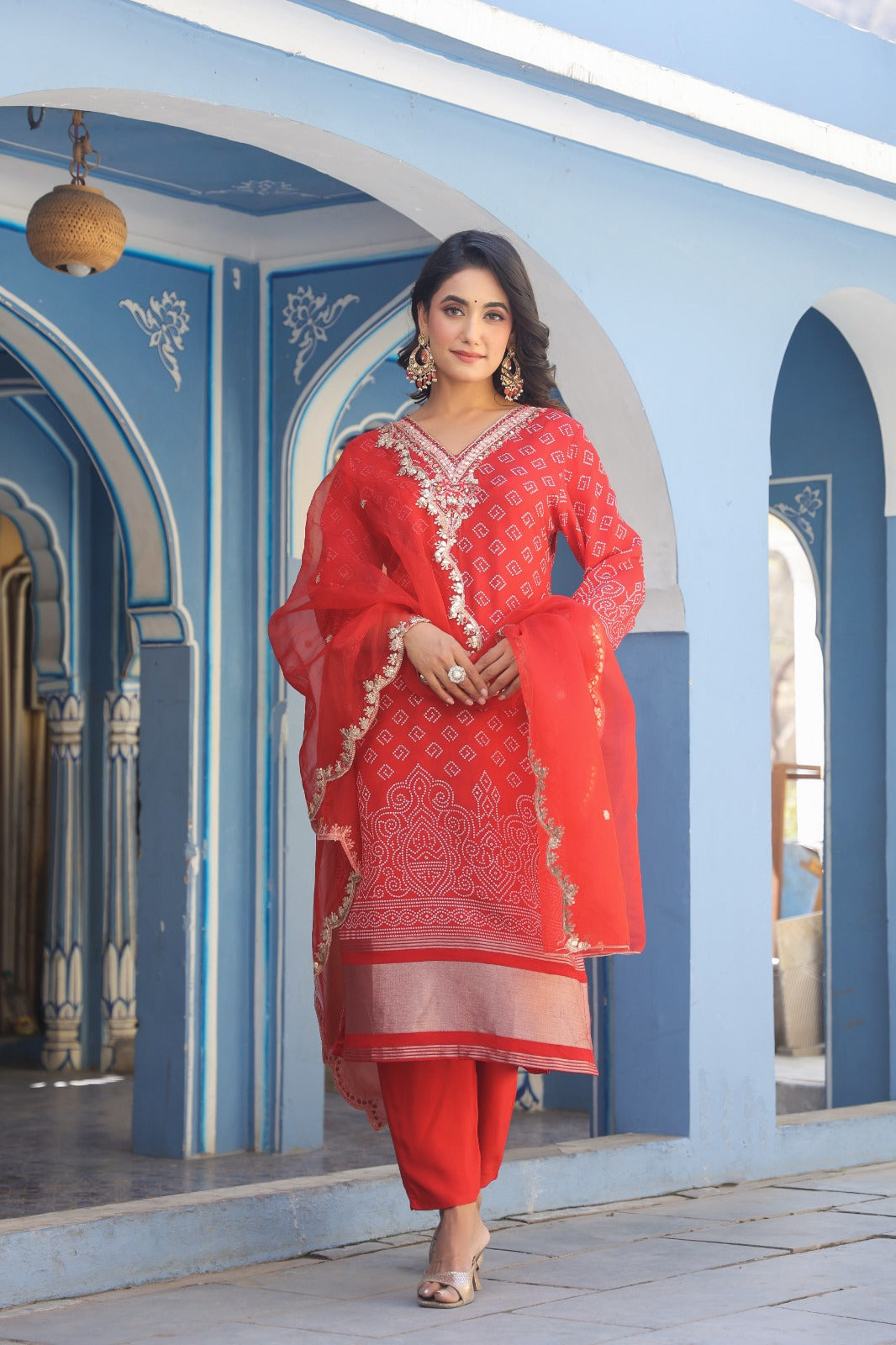 Stunning Red Partywear Silk 3-Piece Suit with Dupatta