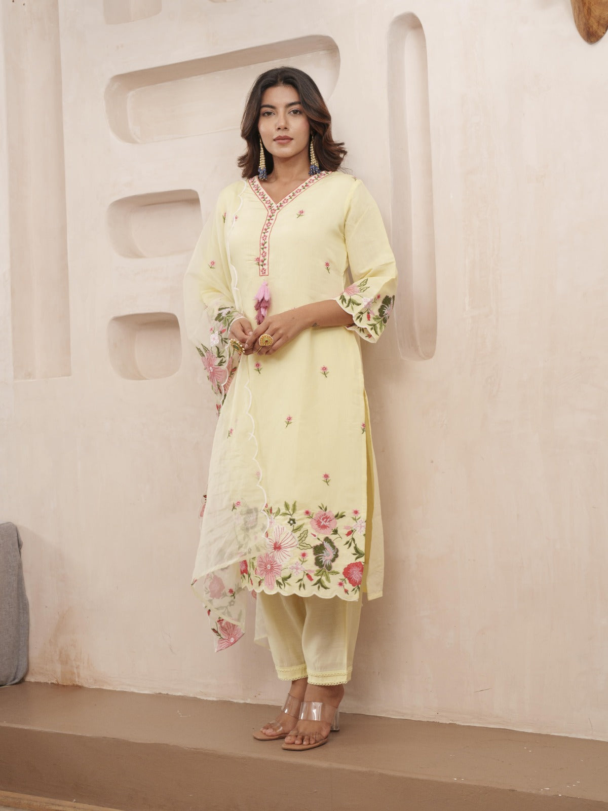 Elegant Yellow Floral Silk Party Wear Suit with Dupatta