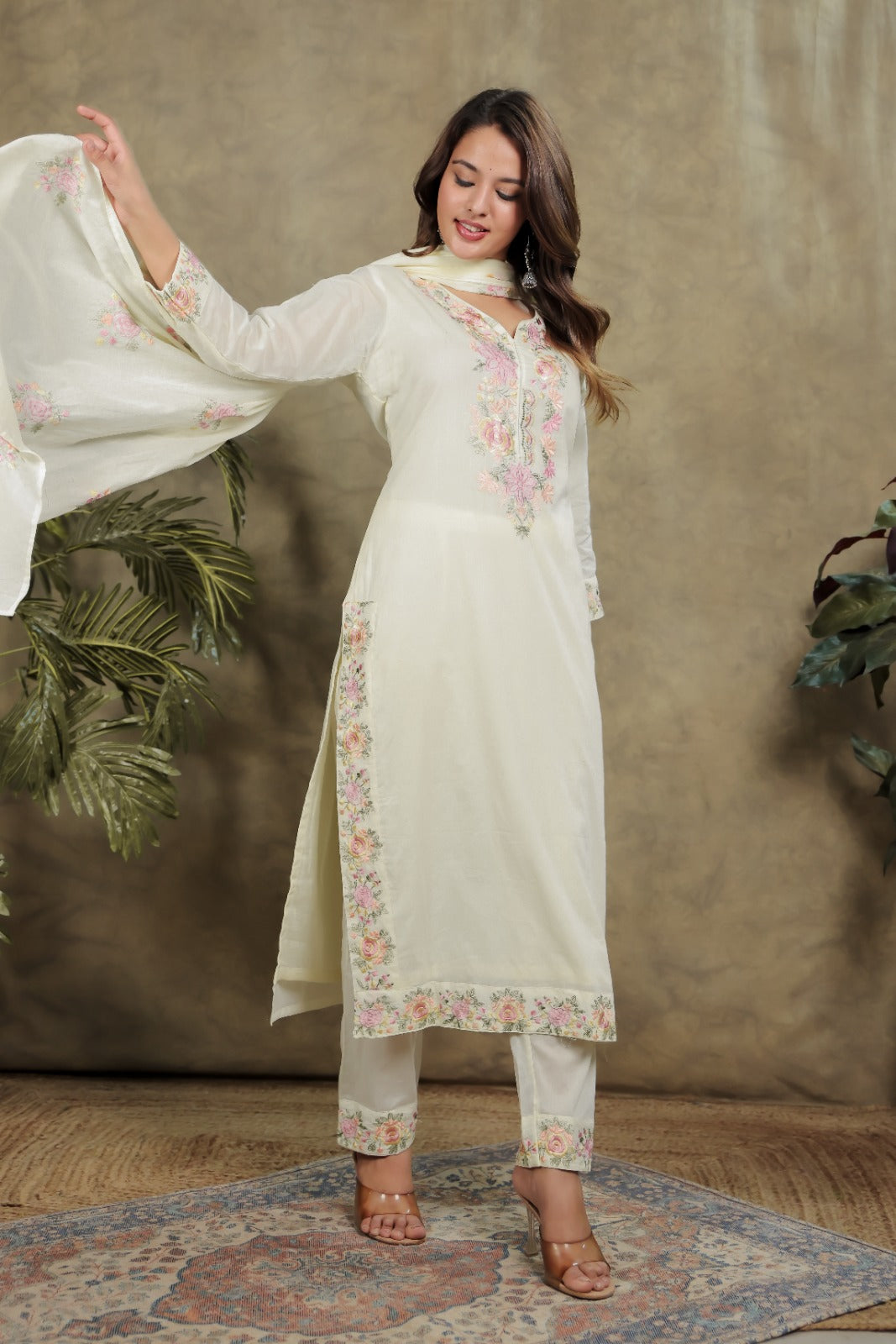 Fresh White Cotton 3-Piece Pant Set with Dupatta