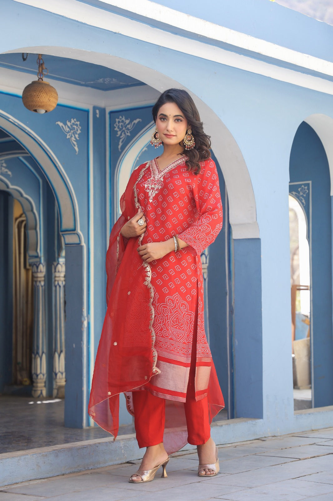 Stunning Red Partywear Silk 3-Piece Suit with Dupatta