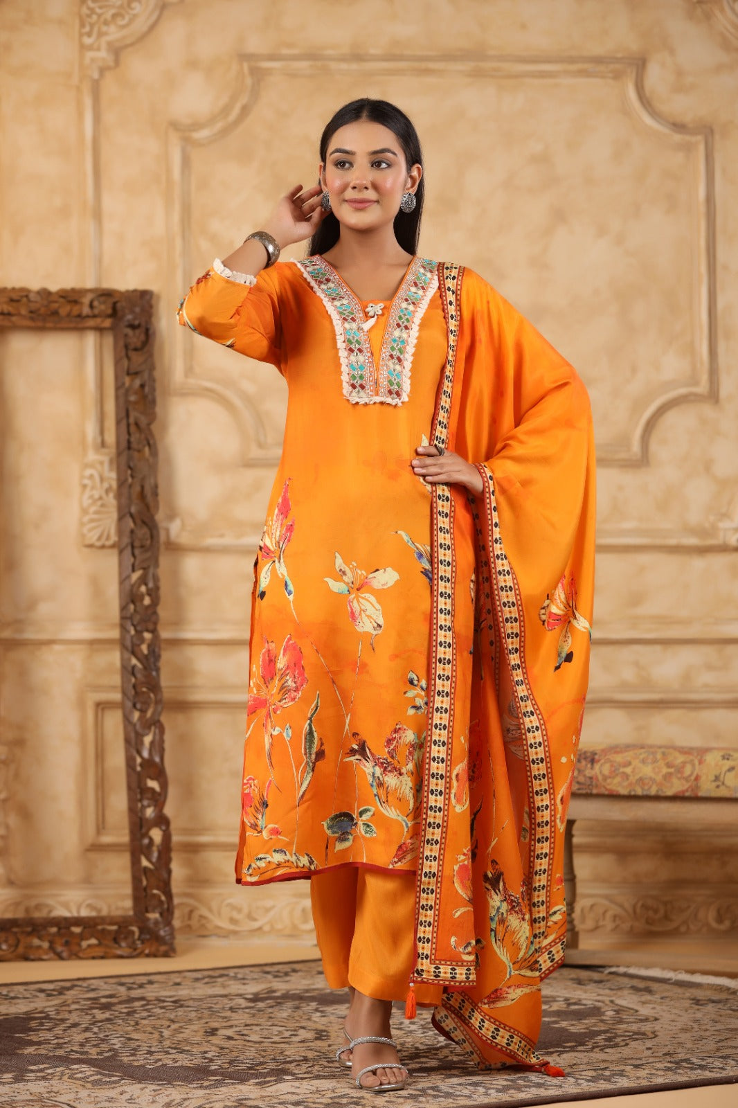 Vibrant Orange Muslin 3-Piece Pant Set with Dupatta