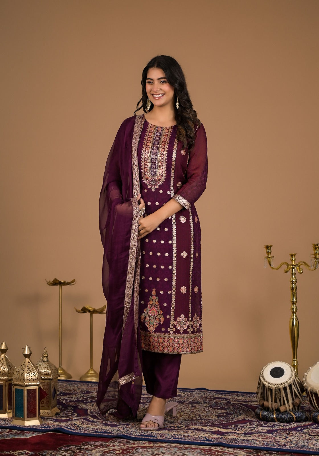 Graceful Maroon Organza Jacquard Party Wear 3-Piece Set with Dupatta