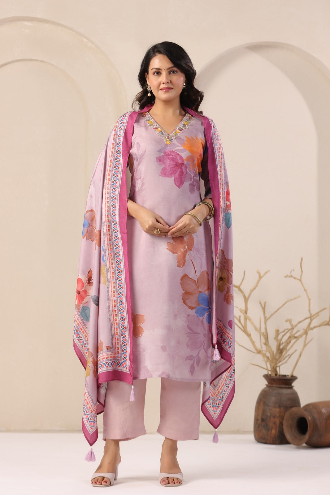 Elegant Purple Muslin 3-Piece Pant Set with Dupatta