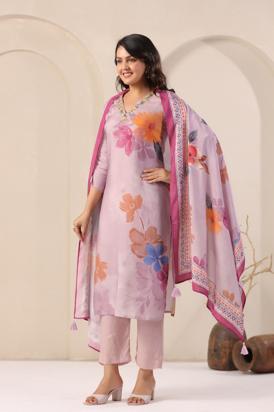 Elegant Purple Muslin 3-Piece Pant Set with Dupatta