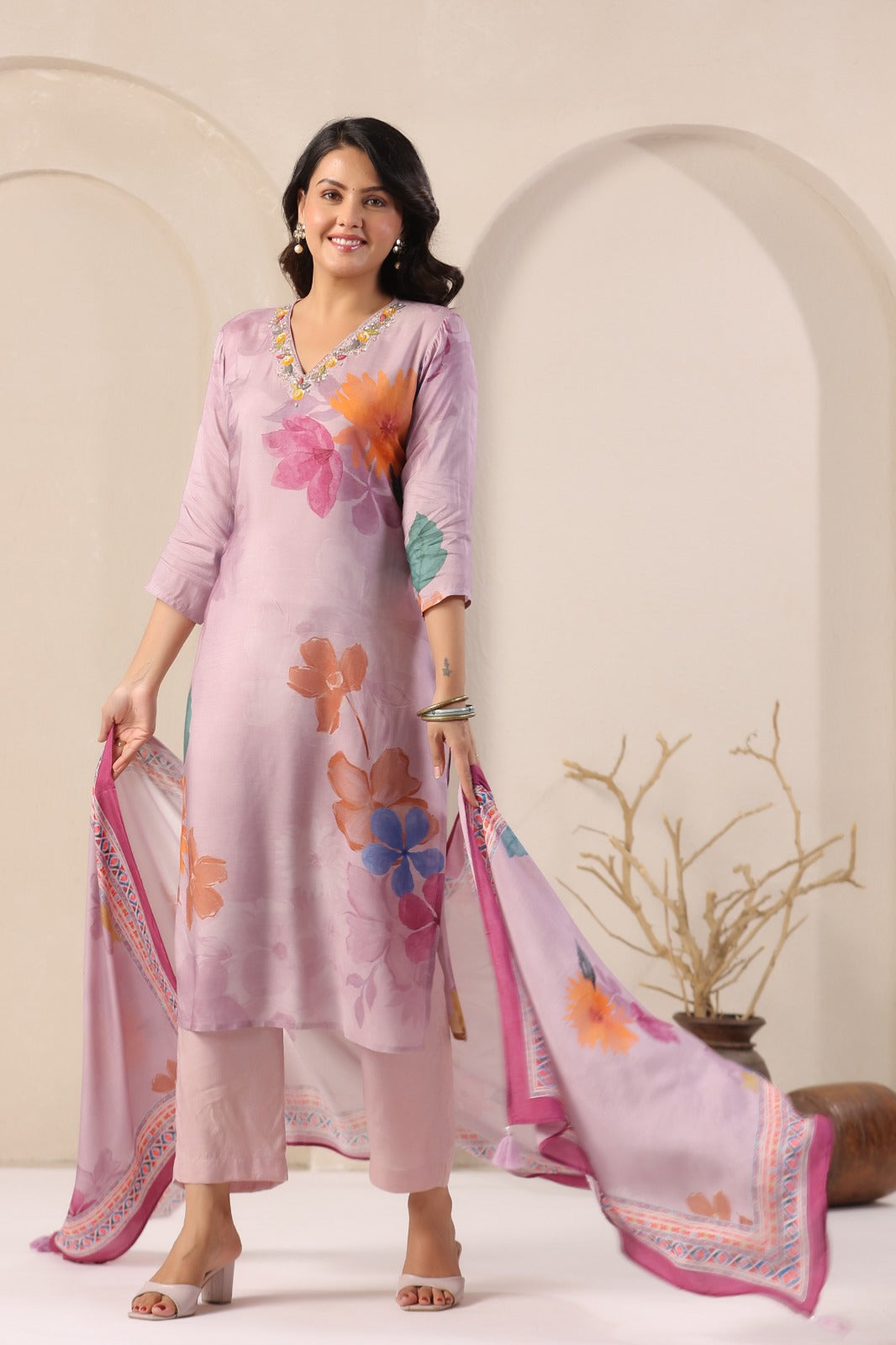 Elegant Purple Muslin 3-Piece Pant Set with Dupatta
