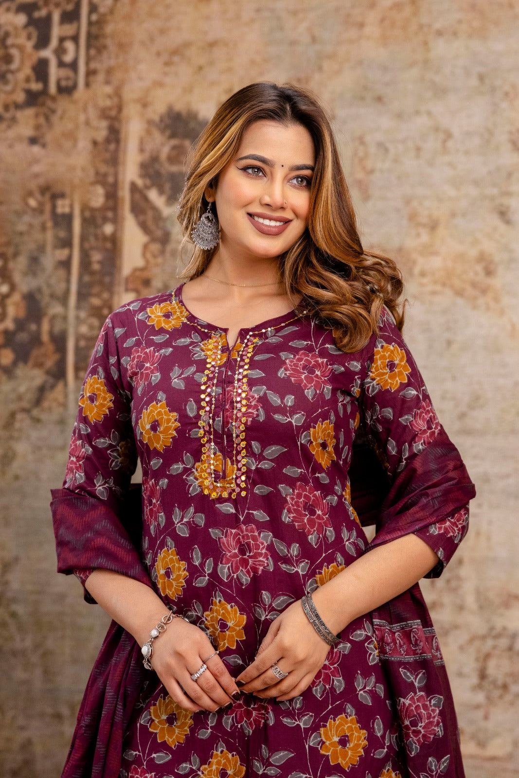 Classic Mehroon Cotton 3-Piece Pant Set with Dupatta