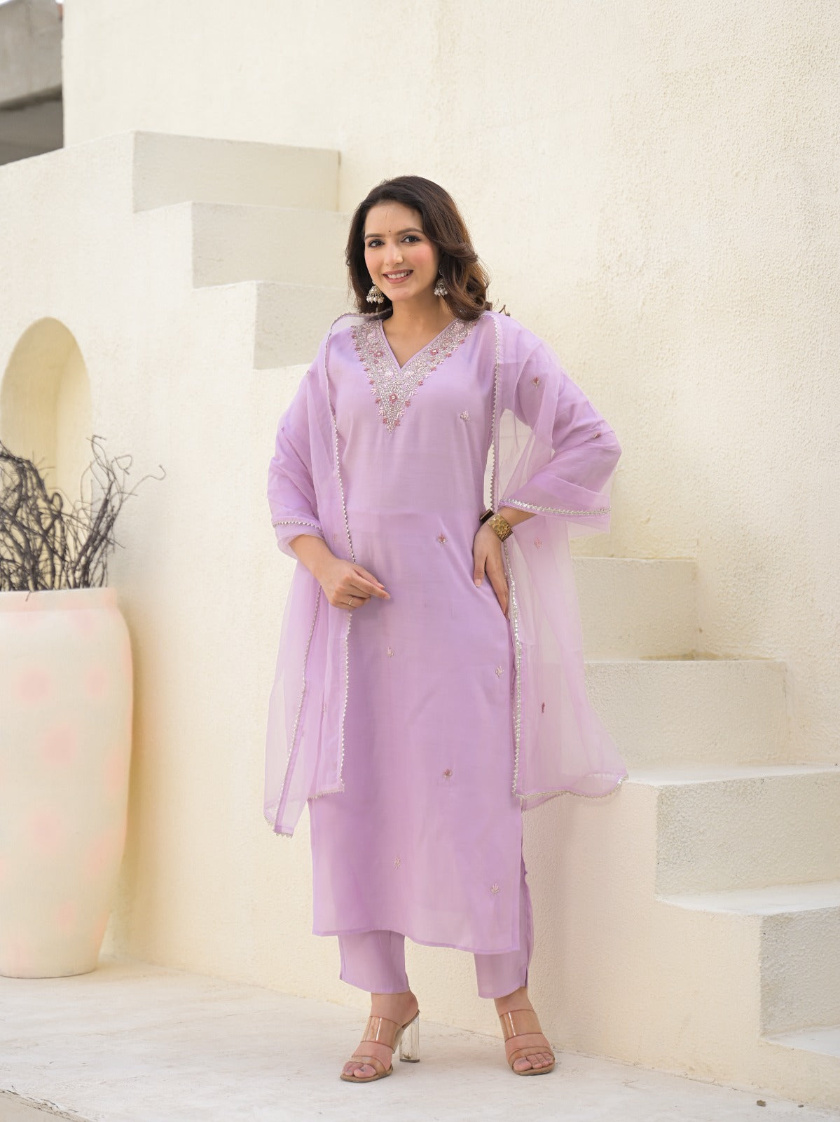 Royal Purple Chanderi Partywear 3-Piece Suit with Dupatta