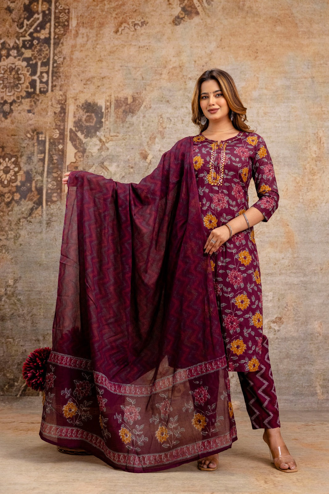 Classic Mehroon Cotton 3-Piece Pant Set with Dupatta