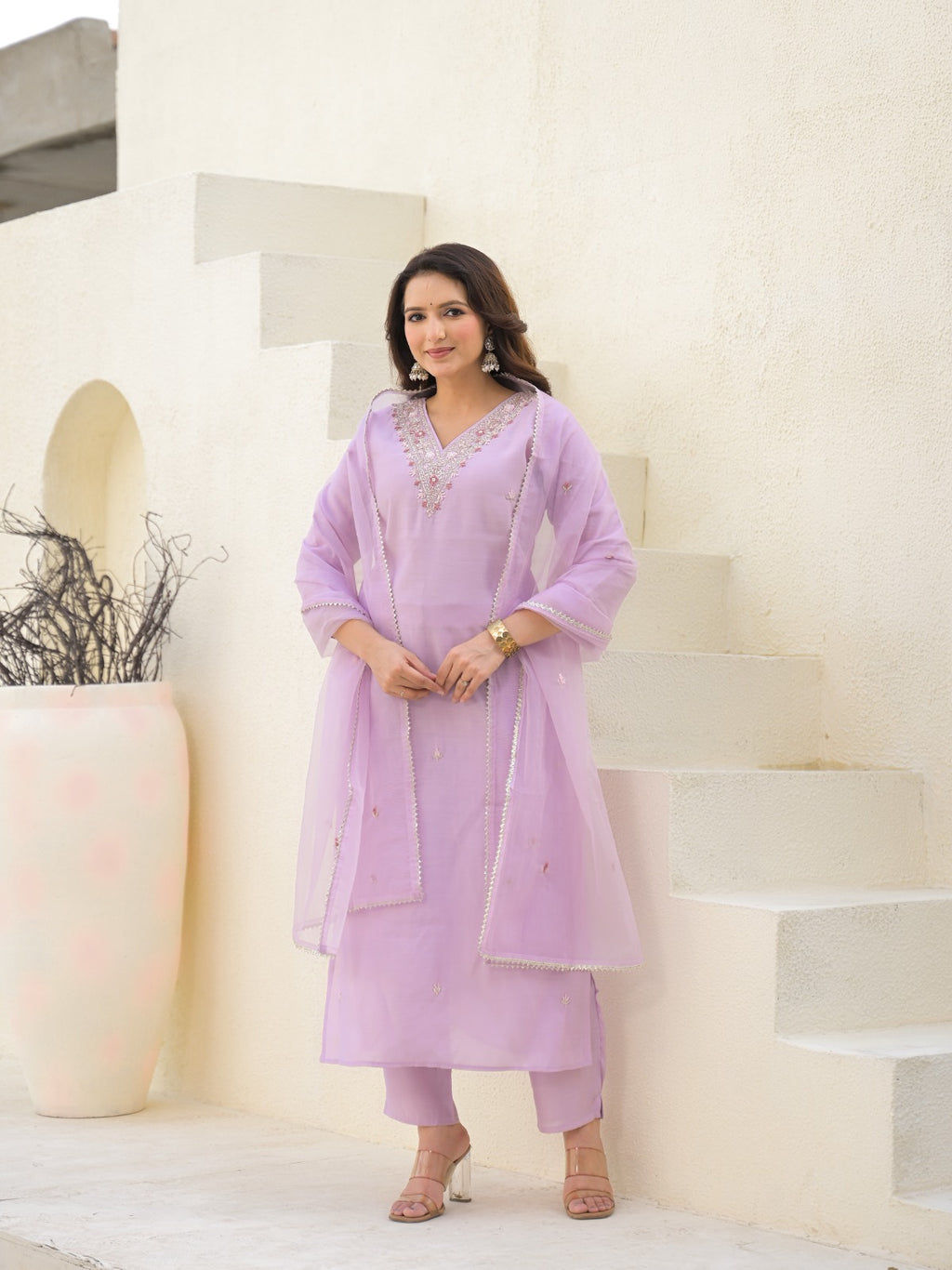 Royal Purple Chanderi Partywear 3-Piece Suit with Dupatta