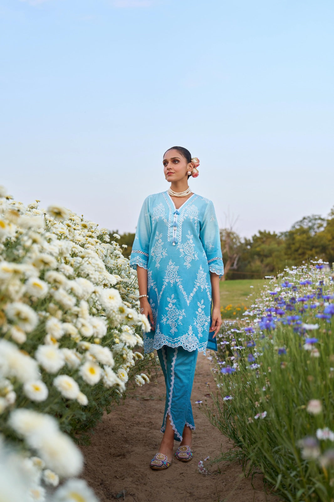 Trendy Sky Blue Designer Cotton Co-ord Pant Set