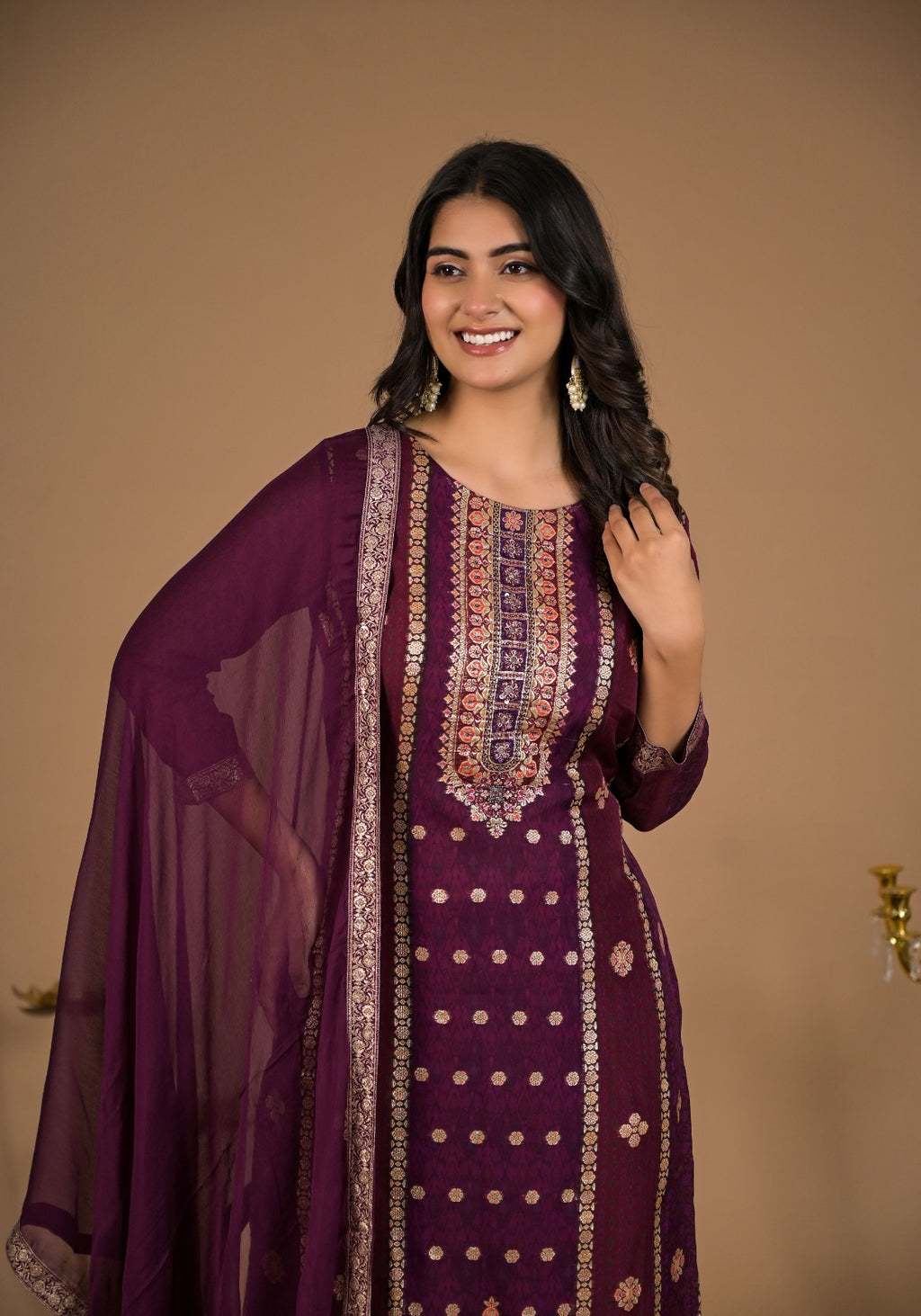 Graceful Maroon Organza Jacquard Party Wear 3-Piece Set with Dupatta