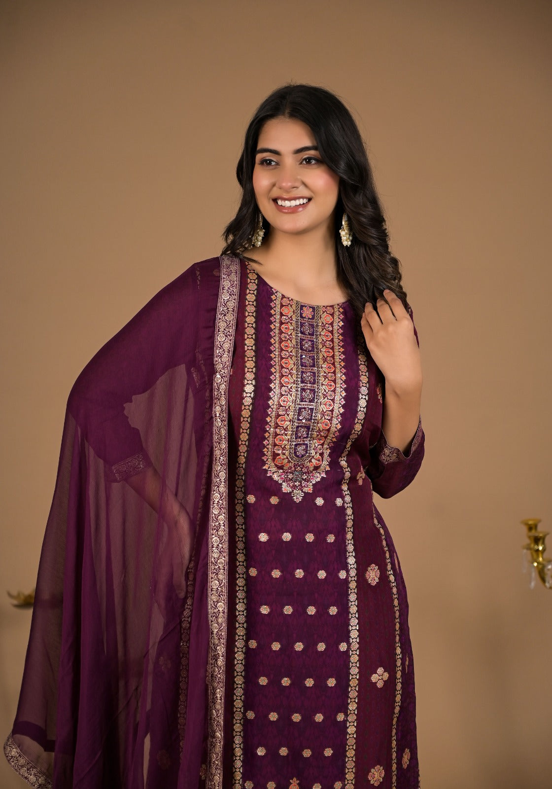 Graceful Maroon Organza Jacquard Party Wear 3-Piece Set with Dupatta