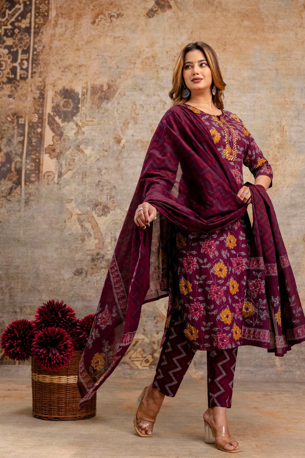 Classic Mehroon Cotton 3-Piece Pant Set with Dupatta