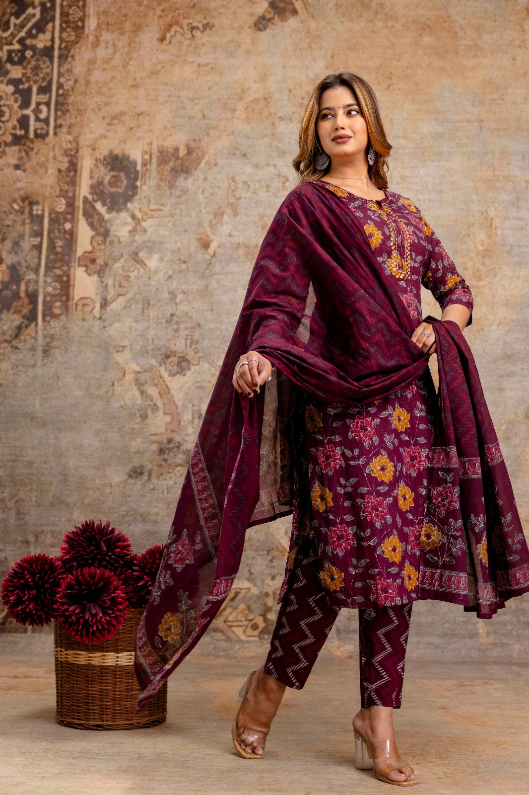 Classic Mehroon Cotton 3-Piece Pant Set with Dupatta