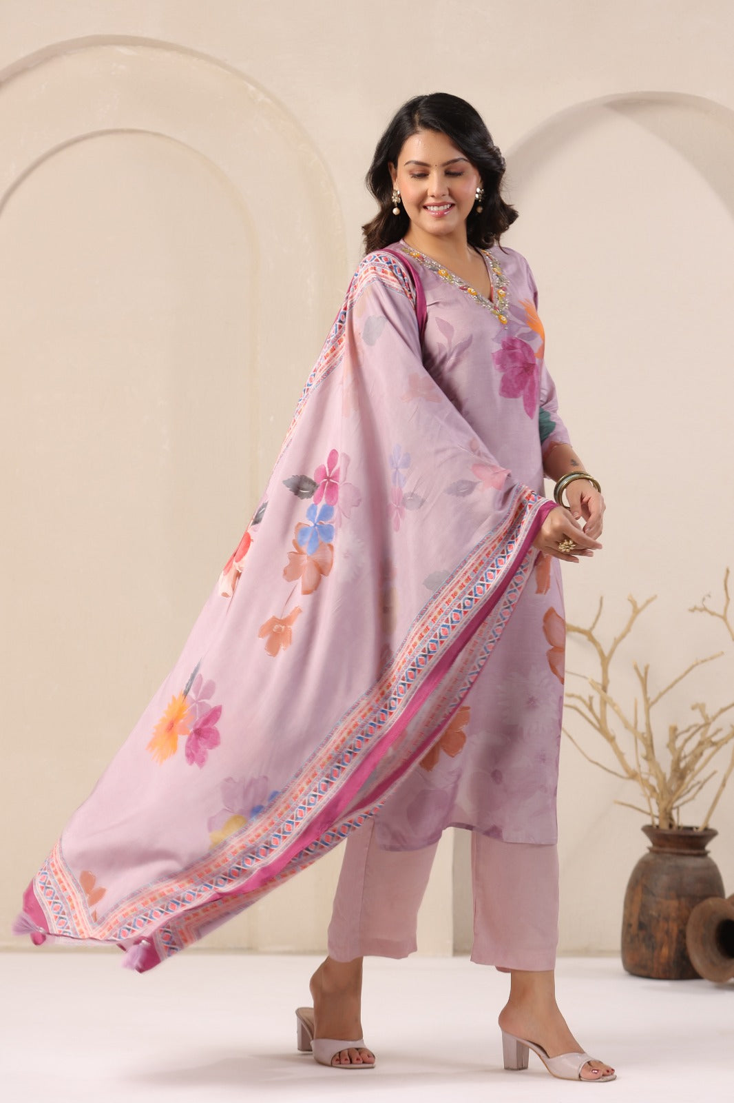 Elegant Purple Muslin 3-Piece Pant Set with Dupatta