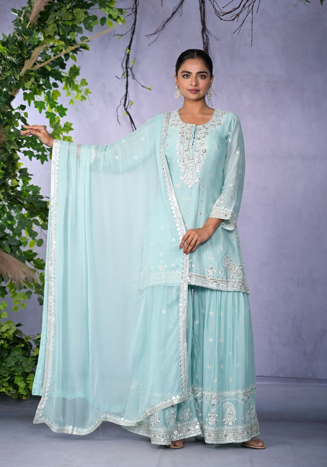 Stylish Chinon Fancy Premium Sharara Divider Set with Dupatta