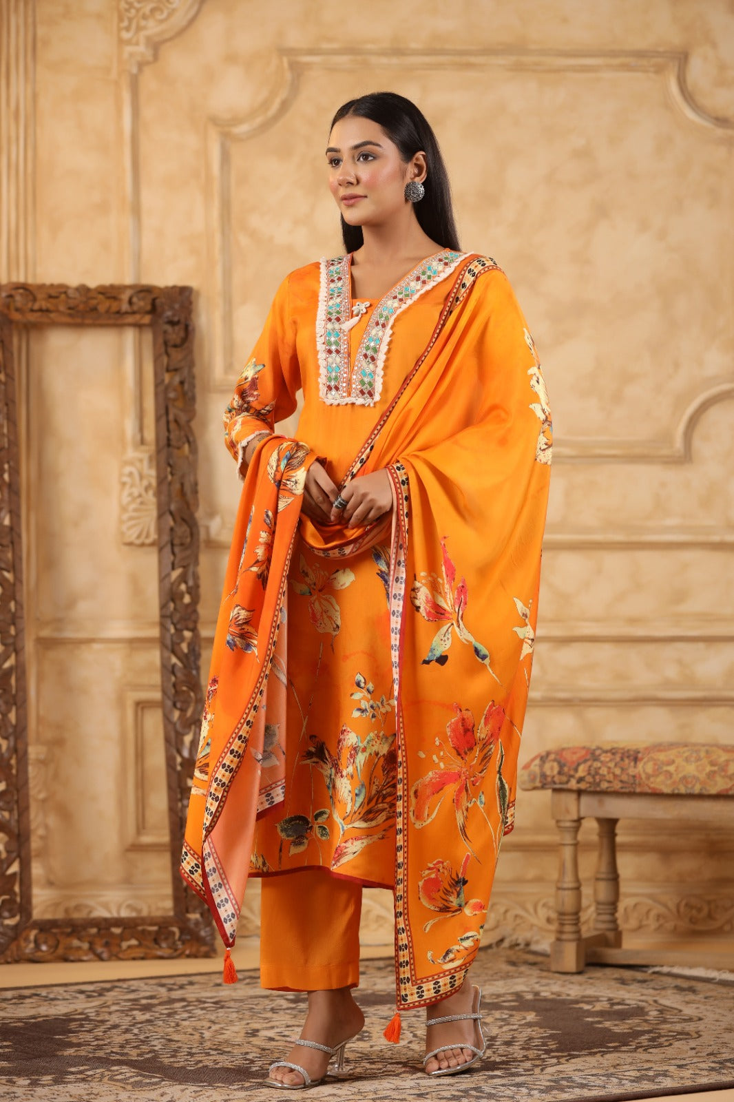 Vibrant Orange Muslin 3-Piece Pant Set with Dupatta