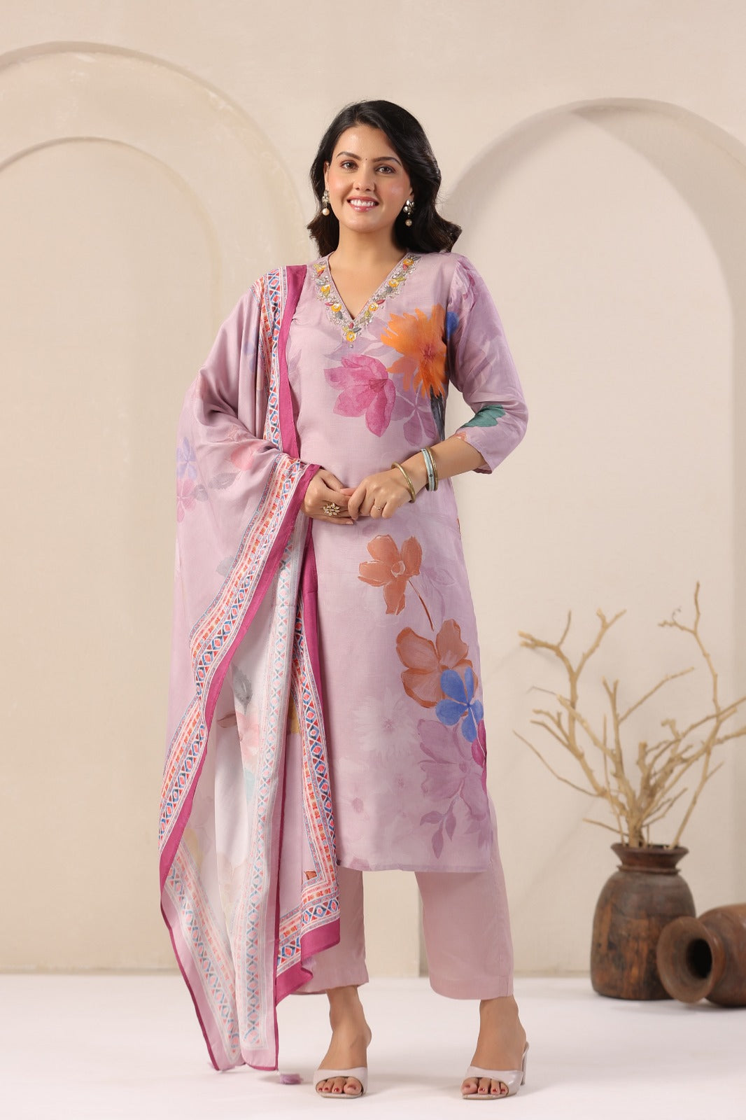 Elegant Purple Muslin 3-Piece Pant Set with Dupatta