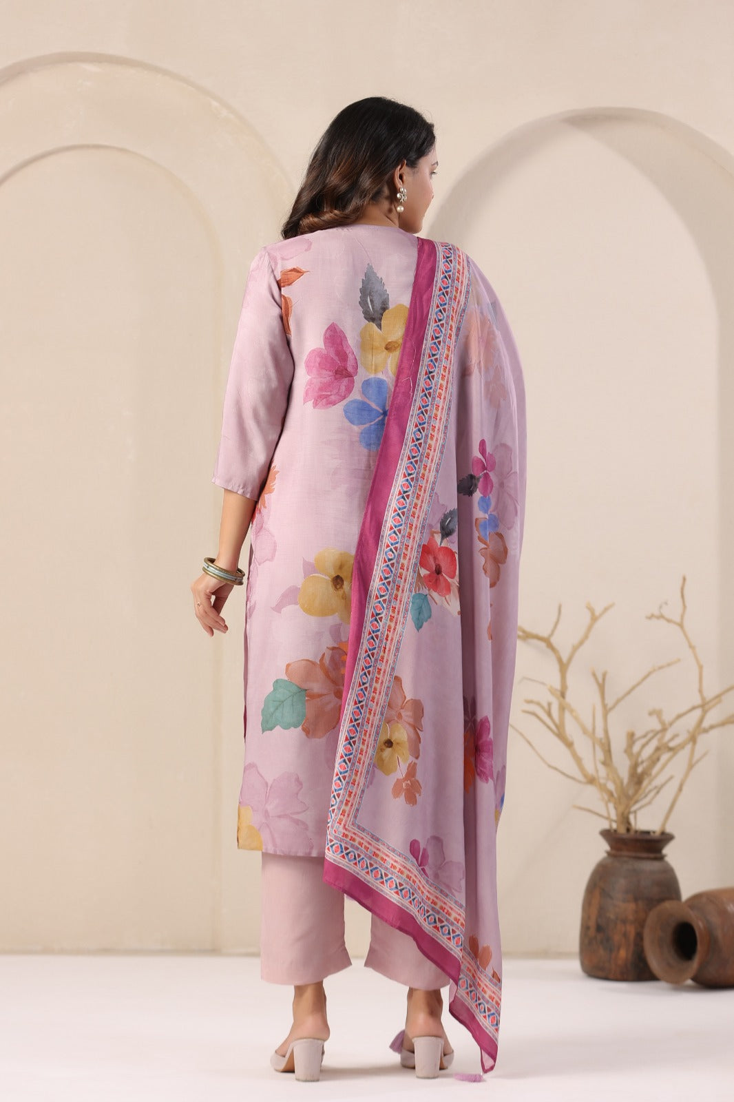 Elegant Purple Muslin 3-Piece Pant Set with Dupatta