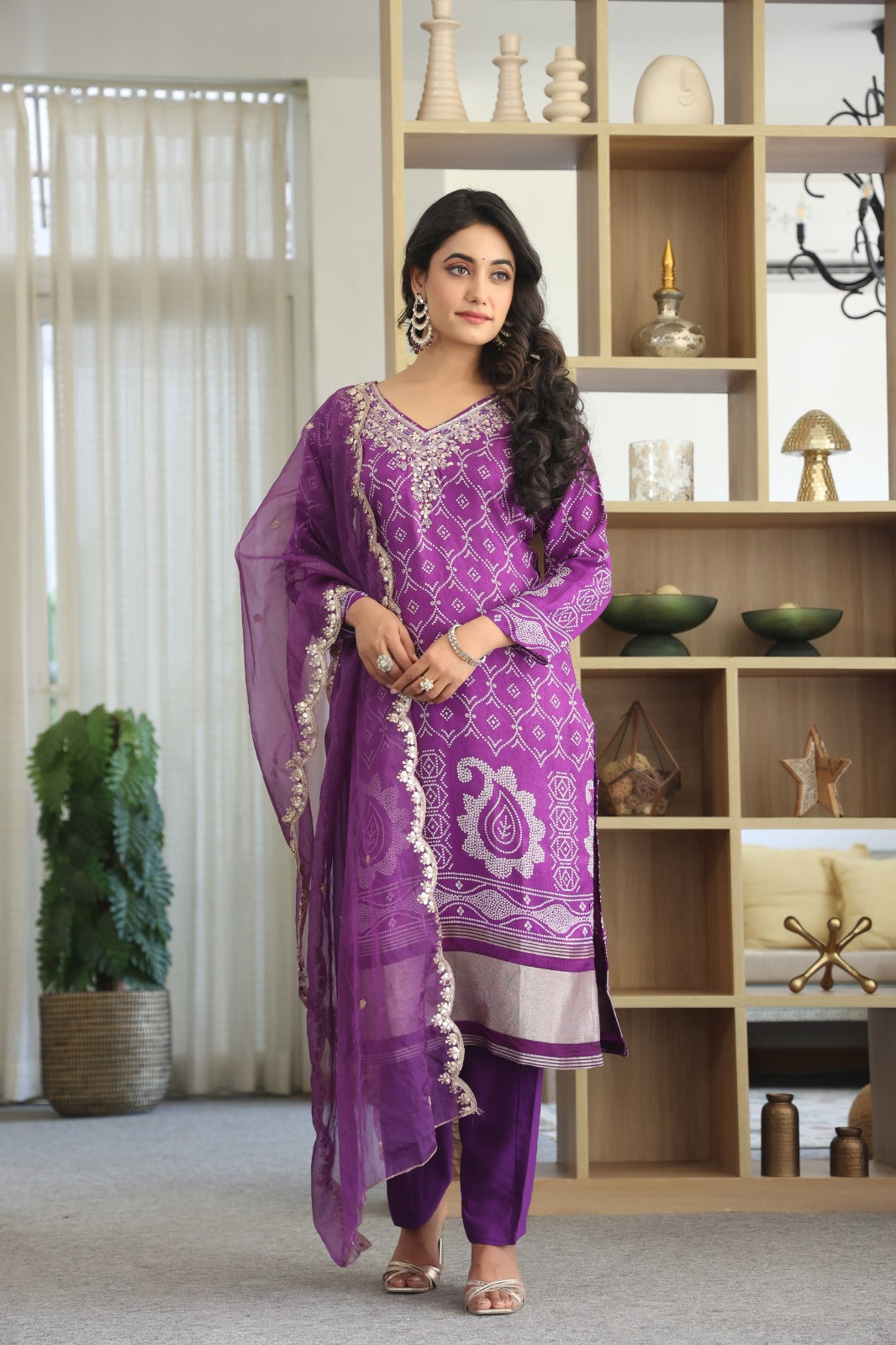 Royal Purple Party Wear 3-Piece Gaji Silk Suit Set with Dupatta