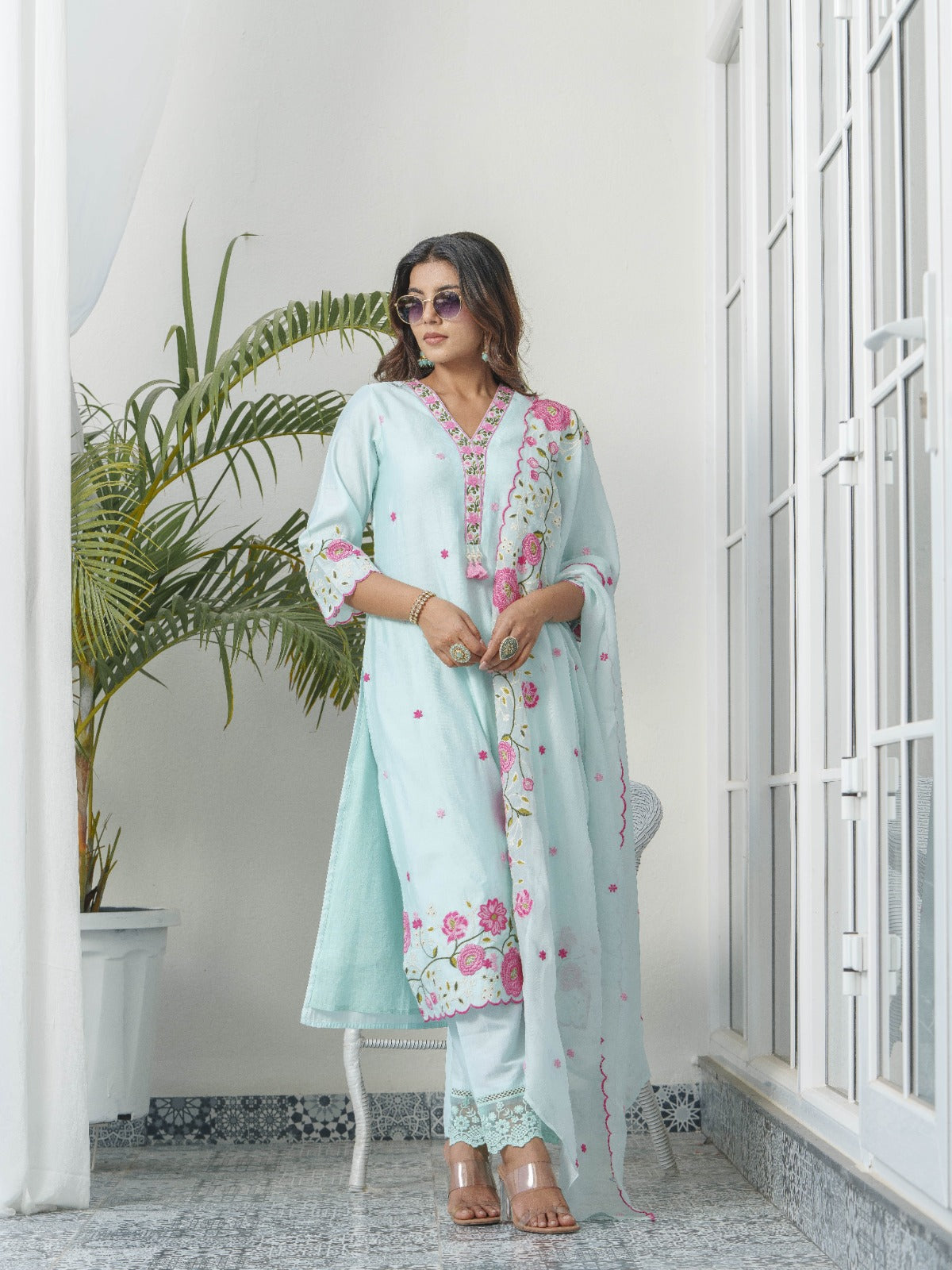 Elegant Sky Blue Party Wear Silk 3-Piece Suit